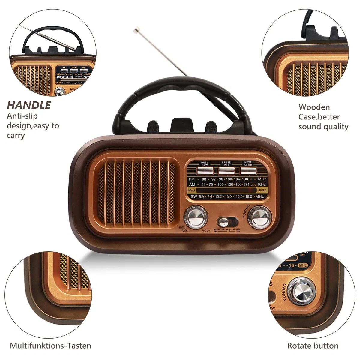 Tragbar Retro Radio mit Bluetooth, AM/FM/SW Solar Kofferradio Batteriebetrieb/D-Zellen Betrieb, Lautsprecher Küchenradio mit Solarpanel Handyständer Unterstützt USB/TF-Karte Vintage Radio(Gold)