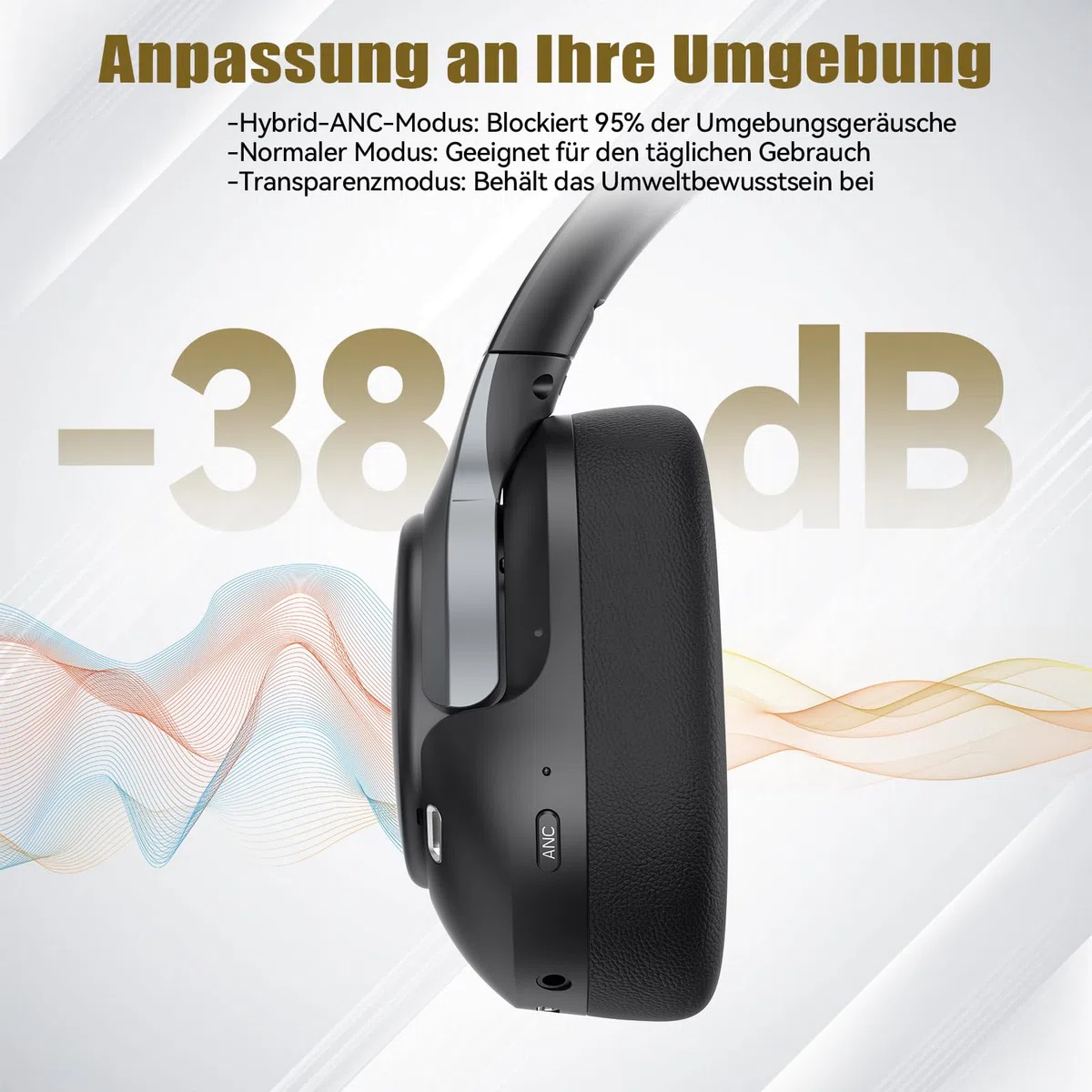 TECKNET Over Ear Kopfhörer Bluetooth mit Hybrid Active Noise Cancelling, Kabellose Bluetooth 6.0 Kopfhörer, 70 Std. Wiedergabezeit, 6 EQ-Modi, 3,5-mm-Audiokabel für Zuhause, Reisen und Büro, Schwarz