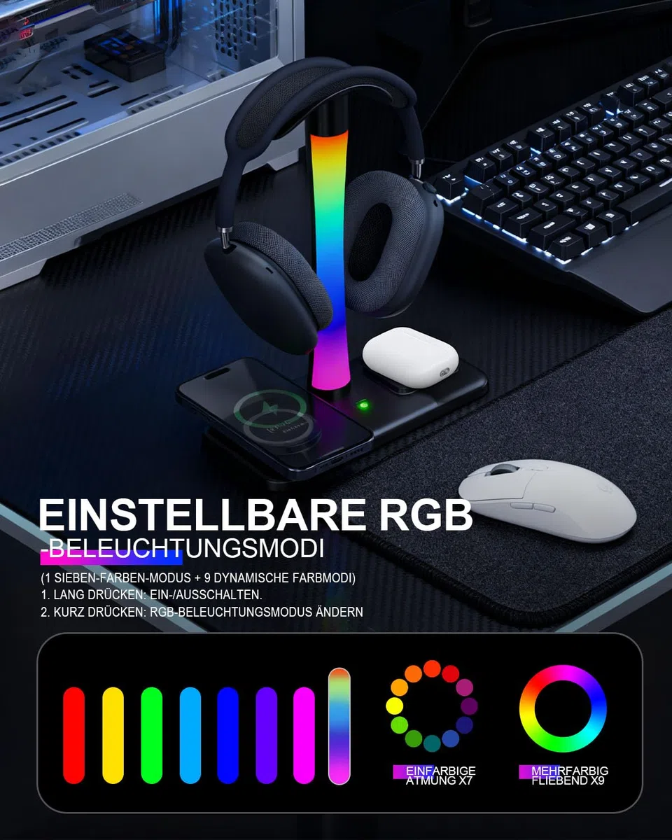 Trongle 3 in 1 RGB Gaming Kopfhörer Ständer mit 15W Wireless Ladegerät, Gaming-Headset-ständer Headset Halterung Wireless Charge Kopfhörer Halter mit 1*USB 2*Typ-C 10 Lighting Effects Modes Schwarz