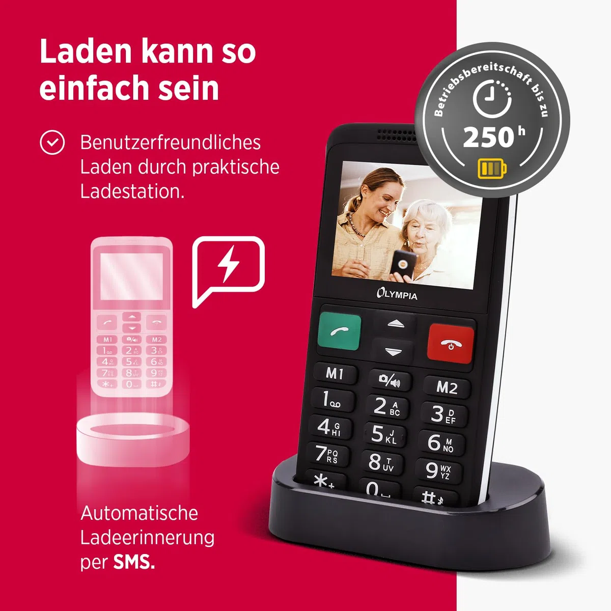 Olympia Mobiltelefon LUX | Komfort-Mobiltelefon mit Großtasten | Farb-Display | SOS-Taste | Seniorenhandy ohne Vertrag | Dual SIM, MicroSD-Slot, Bluetooth | Taschenlampe | inkl. Ladeschale | Schwarz