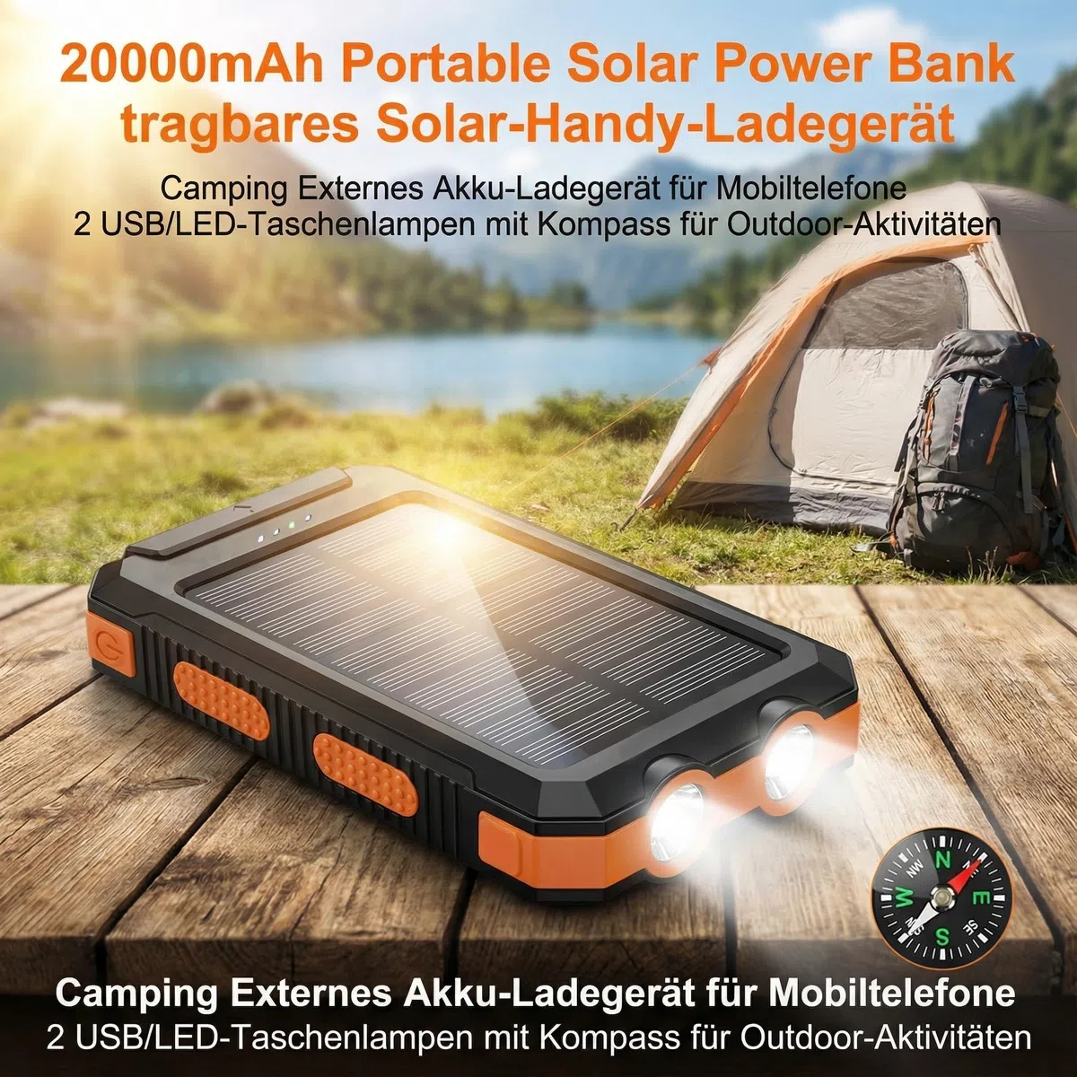 Solar Powerbank 20000mAh, Wasserdichtes USB C Externer Akku mit 2 Outputs, 2 USB-Anschlüssen, LED-Taschenlampen mit Kompass für Outdoor-Aktivitäten