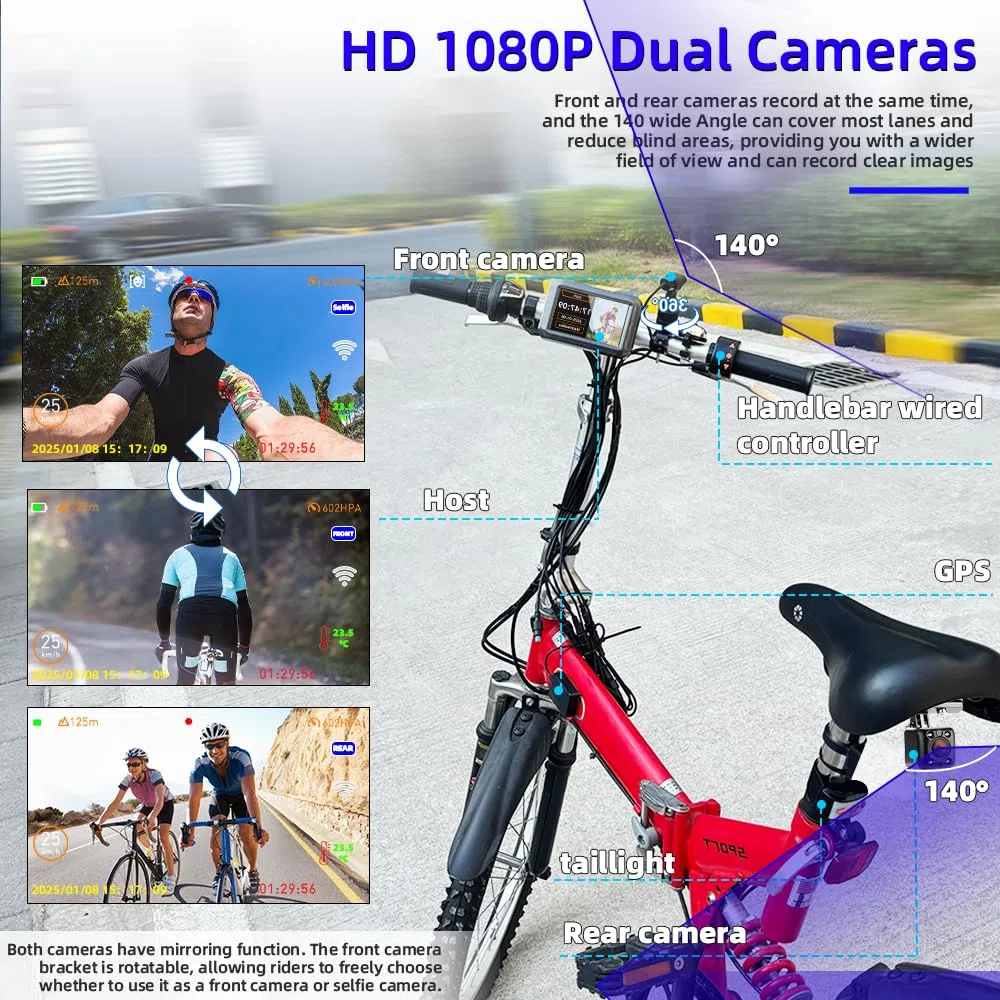 VSYSTO Fahrrad Kamera, WiFi GPS 4 Zoll Bildschirm 1080P Selfie und Hinterkamera Fahrrad Spiegel Dash Kamera, asistierter Fahrmodus, verdrahteter Controller, Temperatur und Kalorienanzeige (F3)