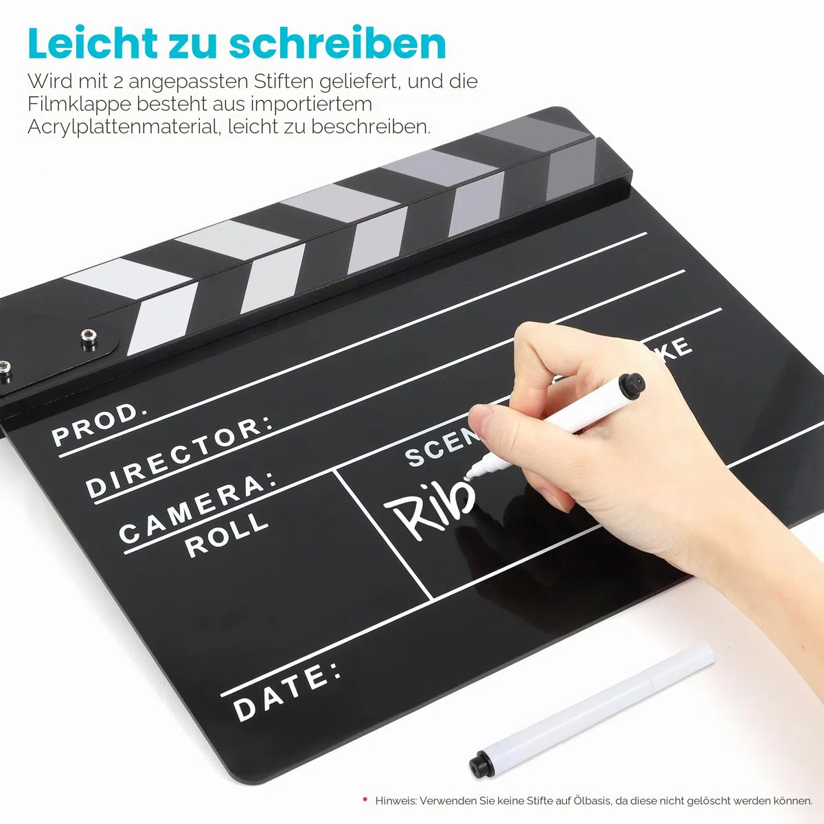Filmregisseur Schindelplatte, Schiefer Fotografie, Video, TV Cut Action Szene Acryl Klöppel Board Requisiten mit einem magnetischen Tafelradierer, zwei benutzerdefinierten Stiften,