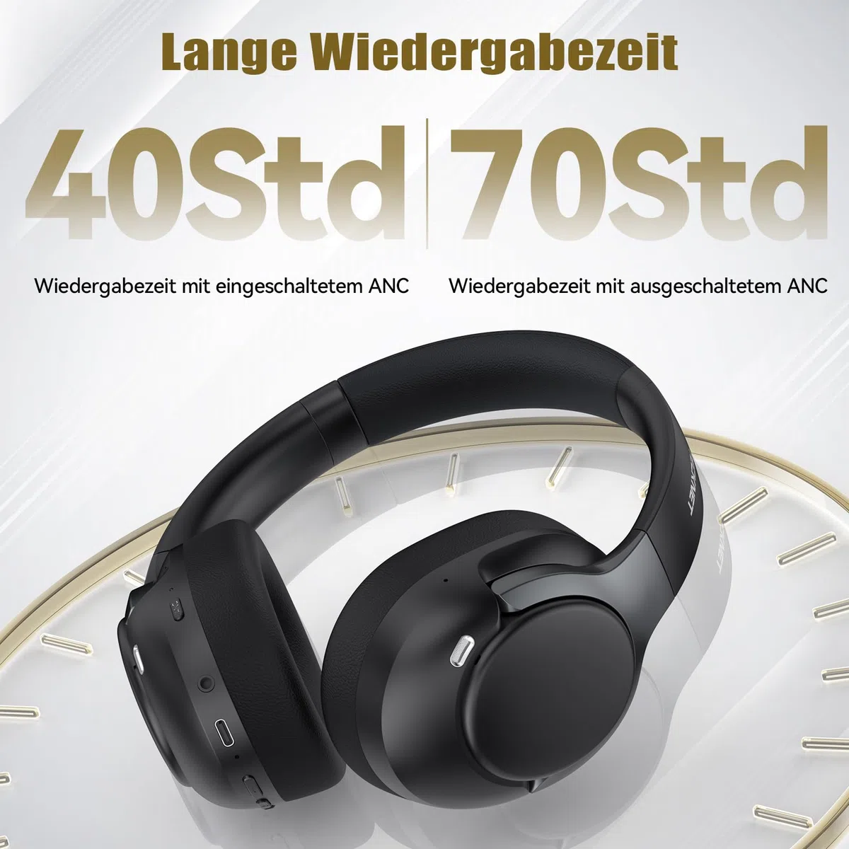 TECKNET Over Ear Kopfhörer Bluetooth mit Hybrid Active Noise Cancelling, Kabellose Bluetooth 6.0 Kopfhörer, 70 Std. Wiedergabezeit, 6 EQ-Modi, 3,5-mm-Audiokabel für Zuhause, Reisen und Büro, Schwarz