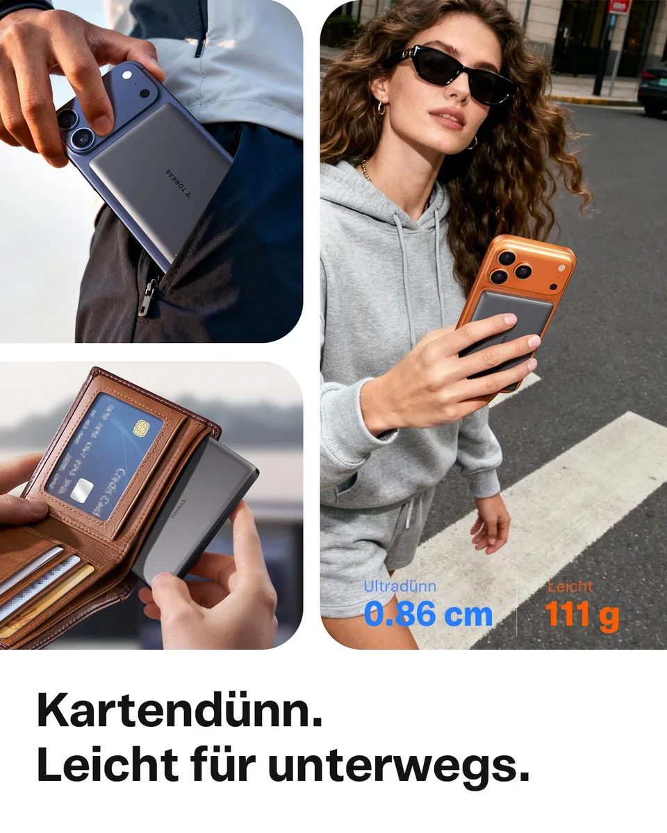 TORRAS MiniMag Ultra Slim Powerbank für Magsafe, 18W Schnellladen 5000mAh Magnetische Powerbank Klein, Wireless Externe Akkupack mit USB-C-Kabel für iPhone 17 Pro Max/Air/16/15/14/13/12, Grau Titan.