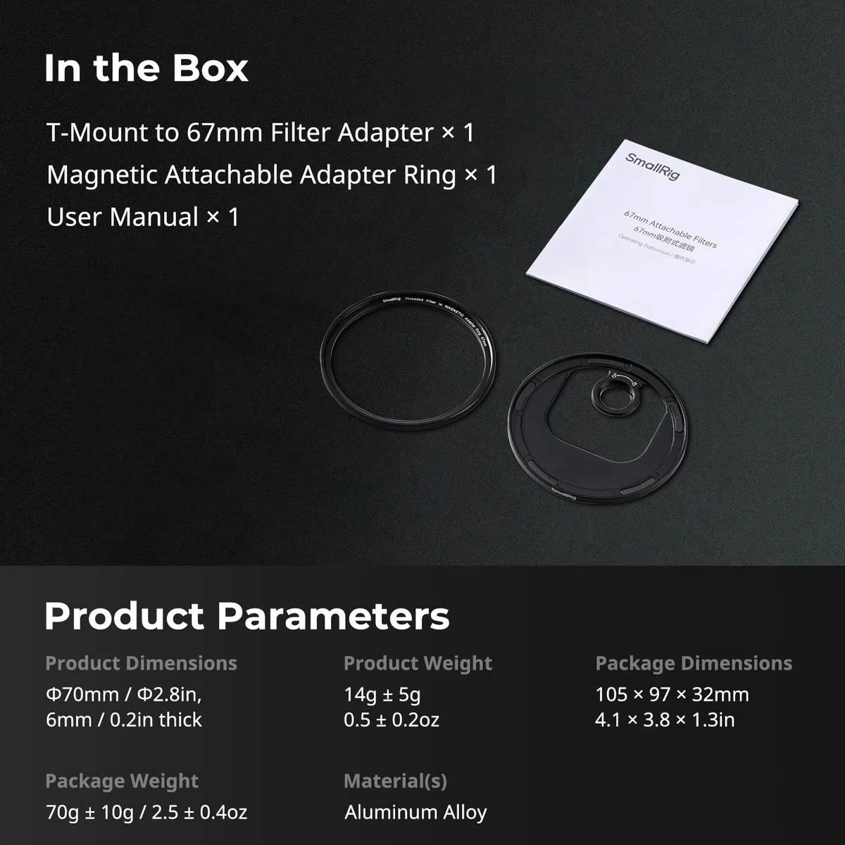 SMALLRIG Magnetischer T-Mount auf 67 mm Ansteckbarer Filteradapter, Verwendung mit SMALLRIG T-Mount Backplate 4399 für SMALLRIG Telefonkäfig für iPhone 15 Serie 4407/4392 / 4397-4585