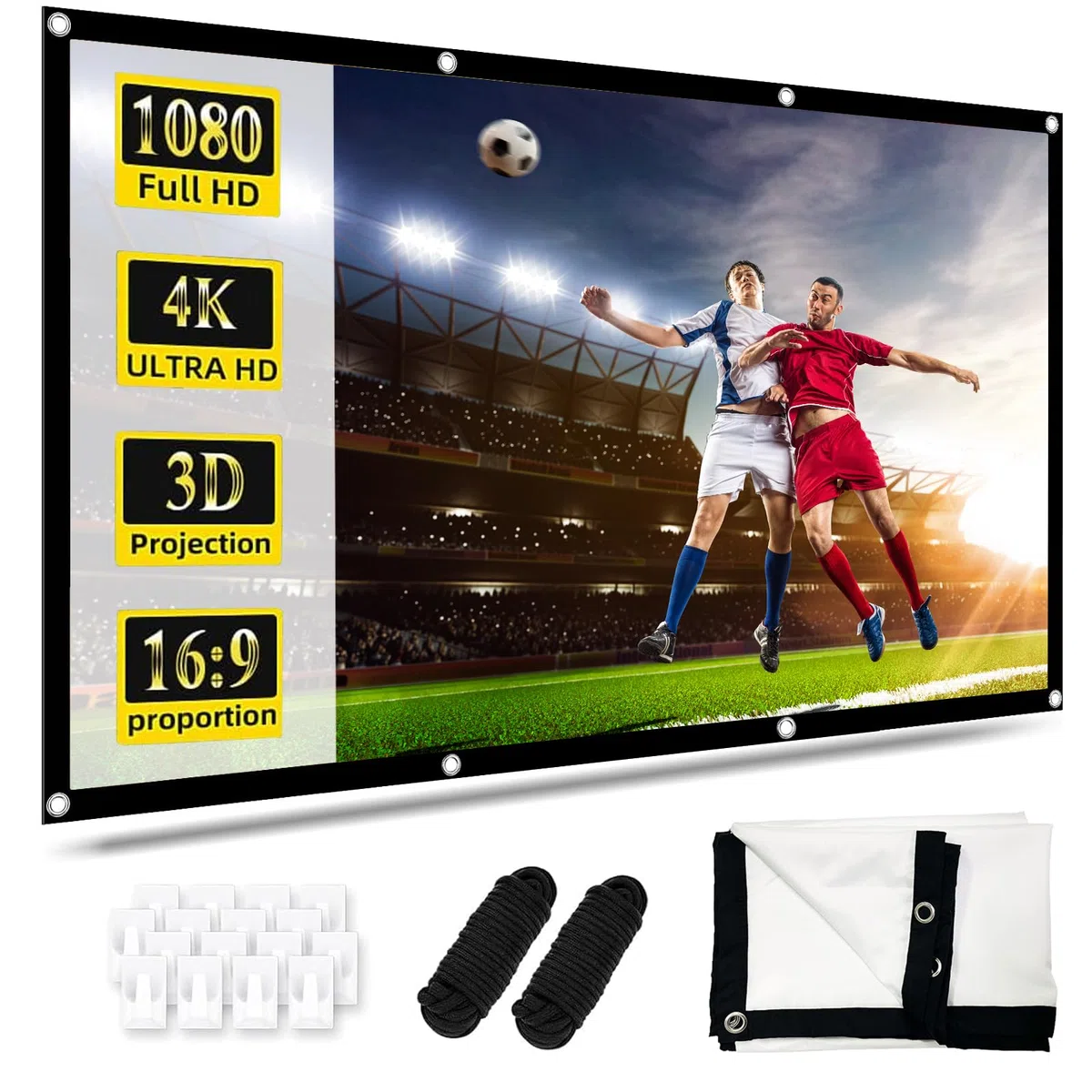 Beamer Leinwand 100 Zoll, 16: 9 Full HD 4K Projektionsschirm, Faltbarer Anti-Falten 3D Projektionswand, Doppelseitige Projektion mit Haken, Seilen, Bildschirm für Heimkino und Freiluftkino