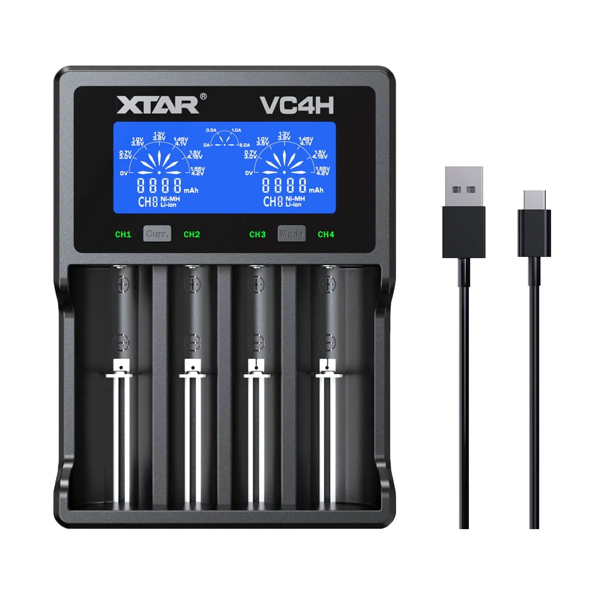 XTAR 2022 New VC4H 18650 Ladegerät 4 XTAR 4-Slot 18650 Batterieladegerät LCD-Display Universelles Ladegerät mit Typ C für Li-Ionen-Batterien 18650 22650 20700 16340 14500, AA AAA-Akkus