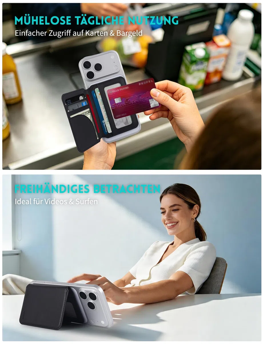 Magnetic Wallet Slim, 4000G Starke Magnetkraft Geldbörse für iPhone 17/16/15/14/13/12 Serie, RFID-Schutz Magnetic Kartenhalter Dünn mit 6-Kartenkapazität & Telefonständer (Schwarz)