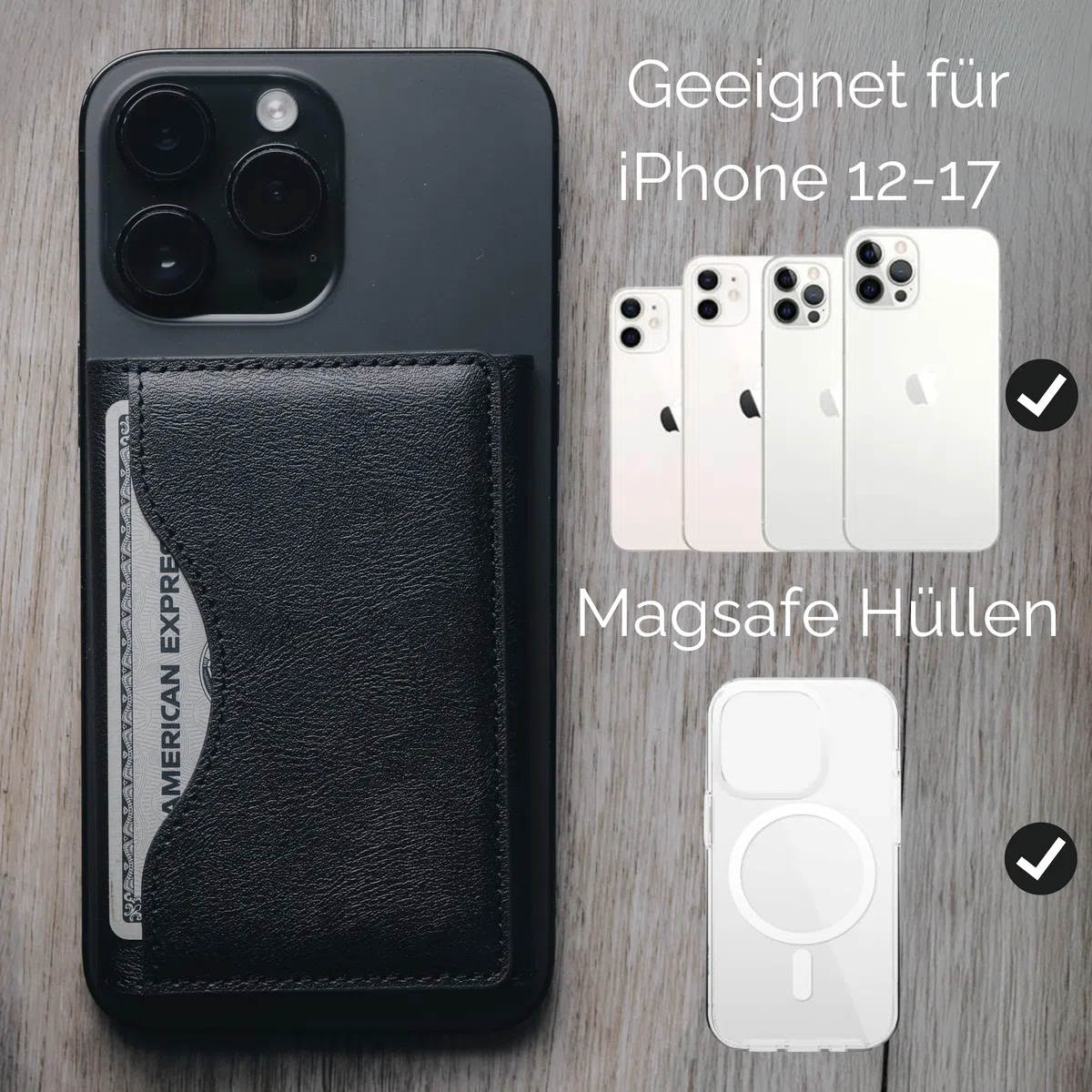 MagSafe Kartenhalter – Magnetischer Kartenhalter aus Leder für iPhone 17/16/15/14/13/12 – Platz für bis zu 6 Karten – Slim Wallet fürs Handy – Starke Magnetkraft, schlankes Design (Schwarz)