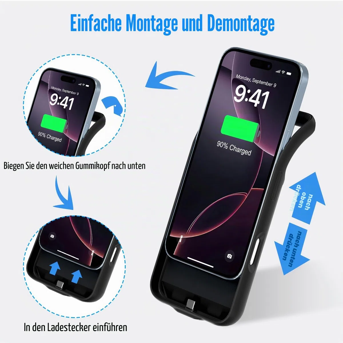Akkuhülle für iPhone 16 Pro (6,3"), 7000mAh Powerbank Hülle ultradünn 15 W, Schnell Tragbares Ladegerät Battery Case, 360°-Schutz, Erweiterter Akku Ladehülle für iPhone 16 Pro, Schwarz