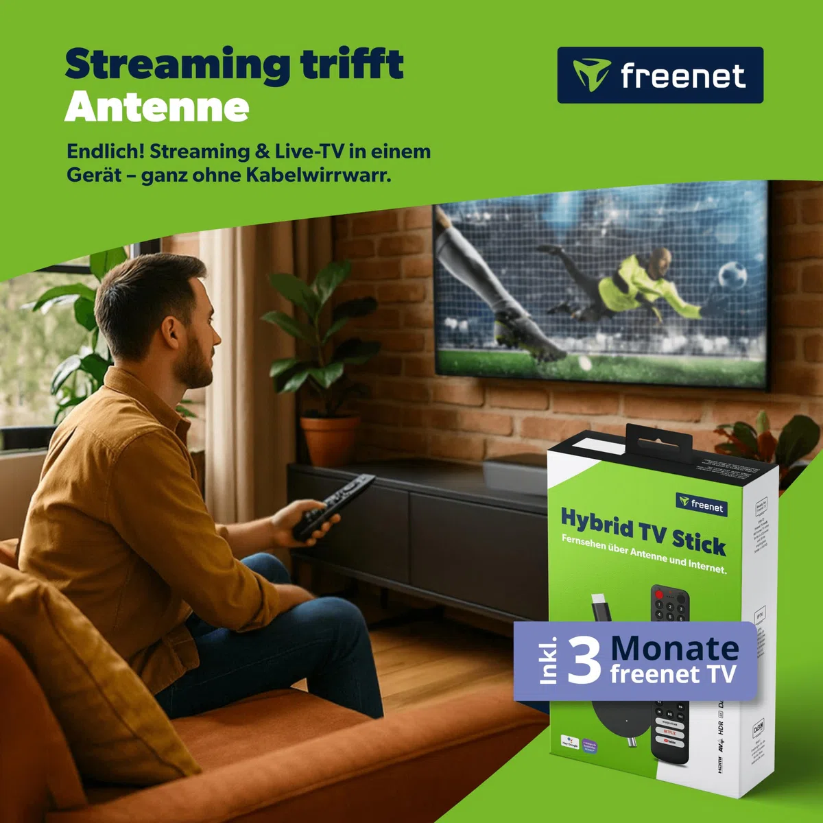 freenet TV Hybrid TV Stick, DVB-C/T2 & Streaming, 3 Monate freenet TV, Android TV 3, WLAN HDMI Streaming Stick mit Chromecast, 4K UHD