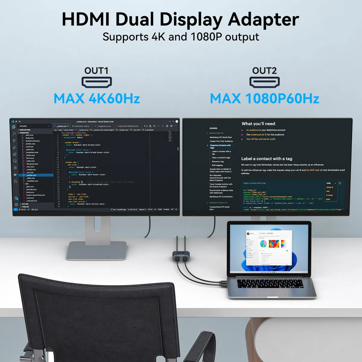 VEDINDUST HDMI Splitter Extend 4K@60Hz zu Dual HDMI Adapter Support Mirror oder Extend kompatibel mit Windows XP/7/8/10/11 und macOS geeignet für Monitore Fernseher Projektoren
