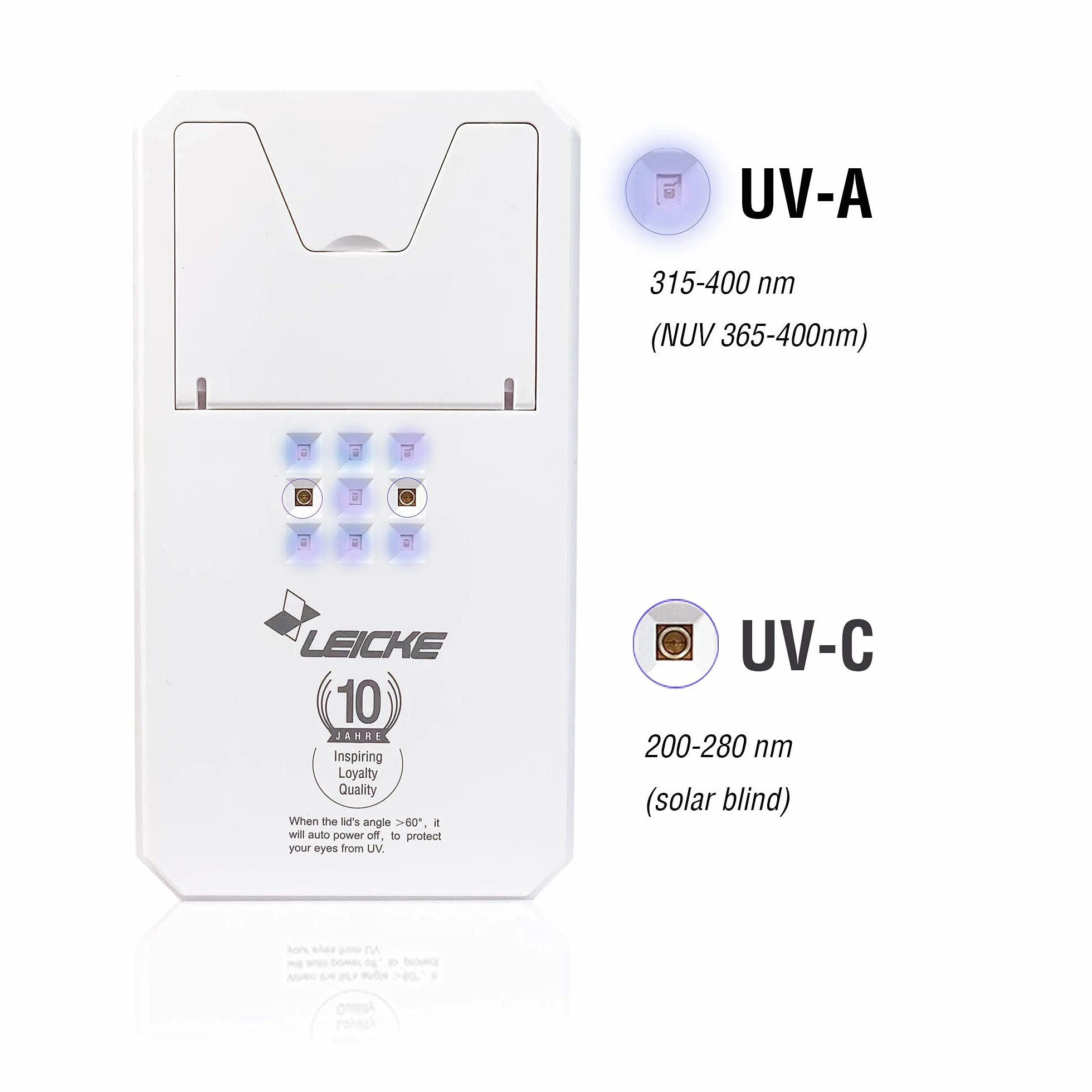 LEICKE UV Handy Sterilisator box | Überbrückungshilfe III möglich | tragbares UV Smartphone Desinfektionsmittel mit Wireless Charge | Ideal für Masken, Handschuhe, Brillen, Schlüssel, Schmuck usw.