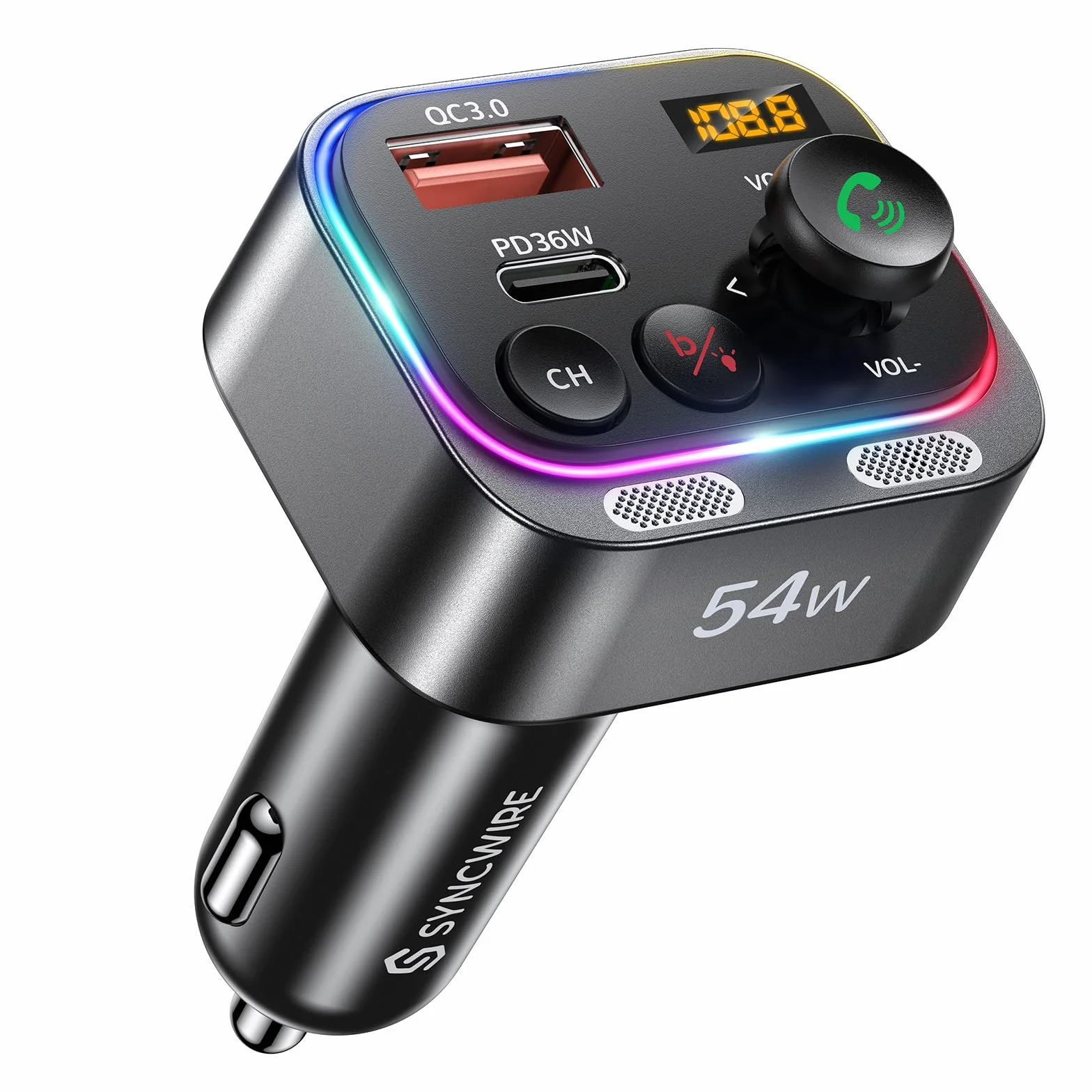 Syncwire Bluetooth 5.4 FM Transmitter Auto Ladegerät 54W PD&QC3.0 USB C Auto Adapter [Schnellladung] [Stärkere Dual-Mikrofone & HiFi-Basston] [Lichtschalter] Kabelloser Radio Freisprechanlage