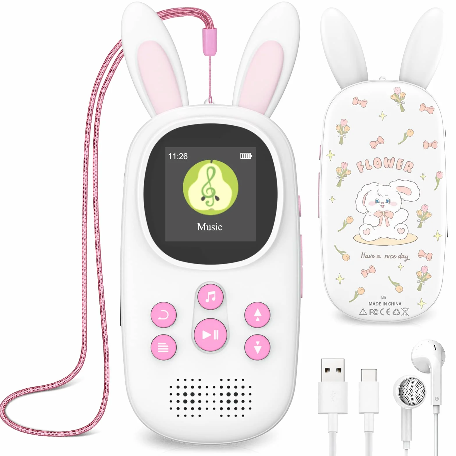 32GB Bluetooth MP3 Player Kinder, Niedlicher Hase Kinder Musik MP3 Player mit Kopfhörer & Lautsprecher, MP3-Player mit Alarm, Aufnahmen, Schrittzähler, Stoppuhr, Unterstützung bis zu 128GB