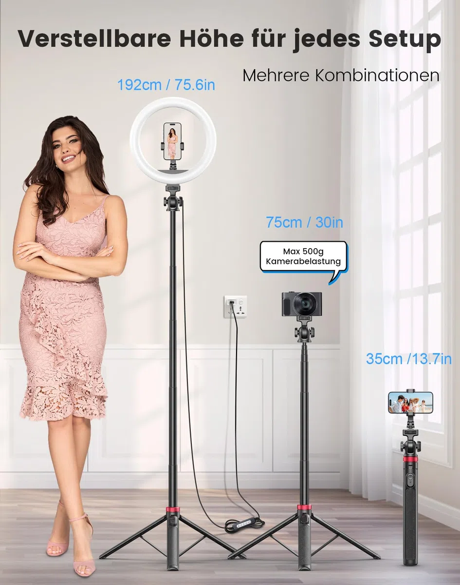 10,2" Dimmbares Ringlicht mit 75 Zoll hohem Aluminium-Stativ, Flimmerfreies LED-Make-up-Licht/Cold-Shoe-Schnellmontagehalterung, Ringlicht für Handy, TikTok/Live-Stream, Videoaufnahmen