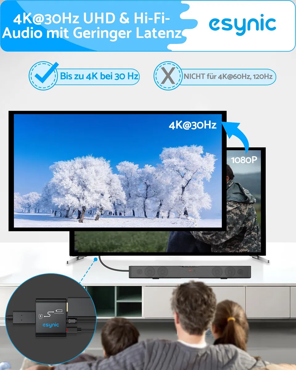 eSynic HDMI zu HDMI Audio Extractor 4K Optisch Splitter Adapter mit Optischer Audioausgang für Fire TV Stick Spezieller Fernsehkonverter 5.1 DTS Soundbar Konverter Ohne ARC/eARC Plug & Play