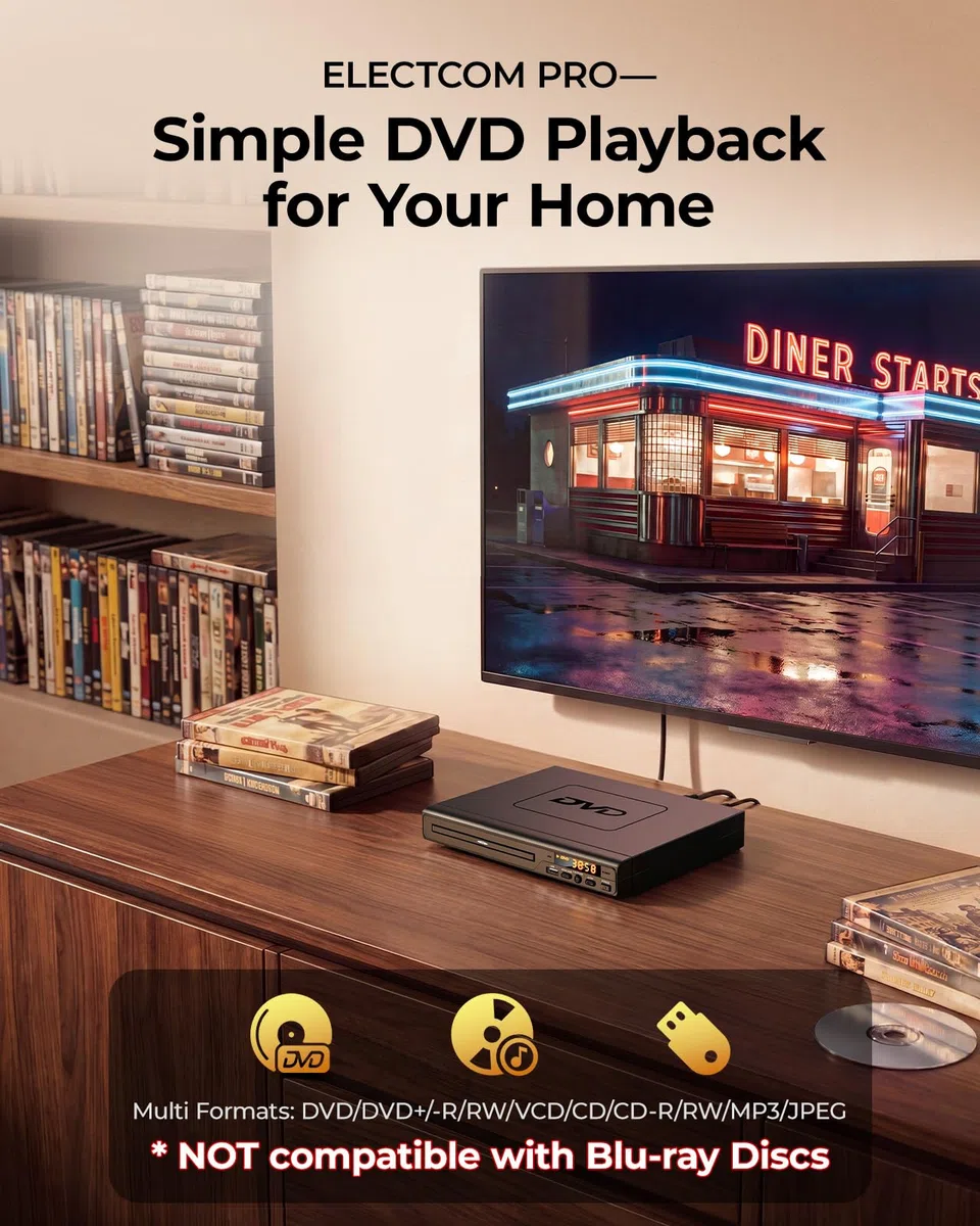 ELECTCOM PRO DVD Player für Fernseher (HD 1080P), Regionen Frei DVD Player Hdmi für Fernseher, HDMI und RCA in der Verpackung Enthalten, DVD-Spieler für Senioren
