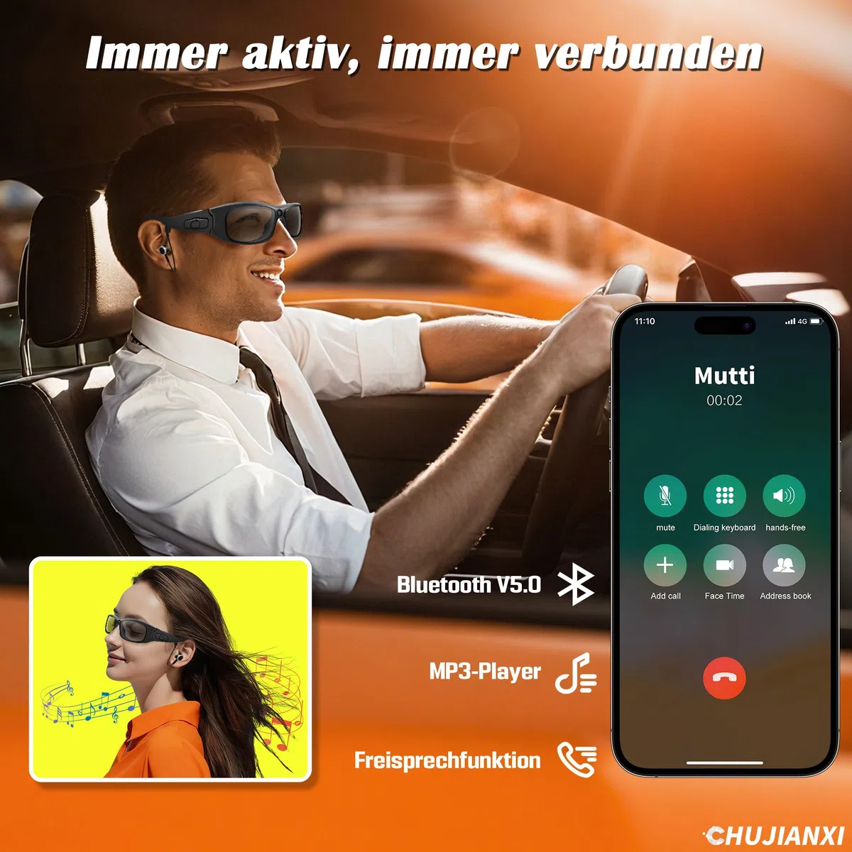 Mini Kamera,Brille mit Kamera Bluetooth,Videobrille 1080P mit Kopfhörer,Sonnenbrille Videobrille mit Polarisierten UV400-Gläsern,Tragbare Brille Camera für Outdoor-Sportarten,Radfahr