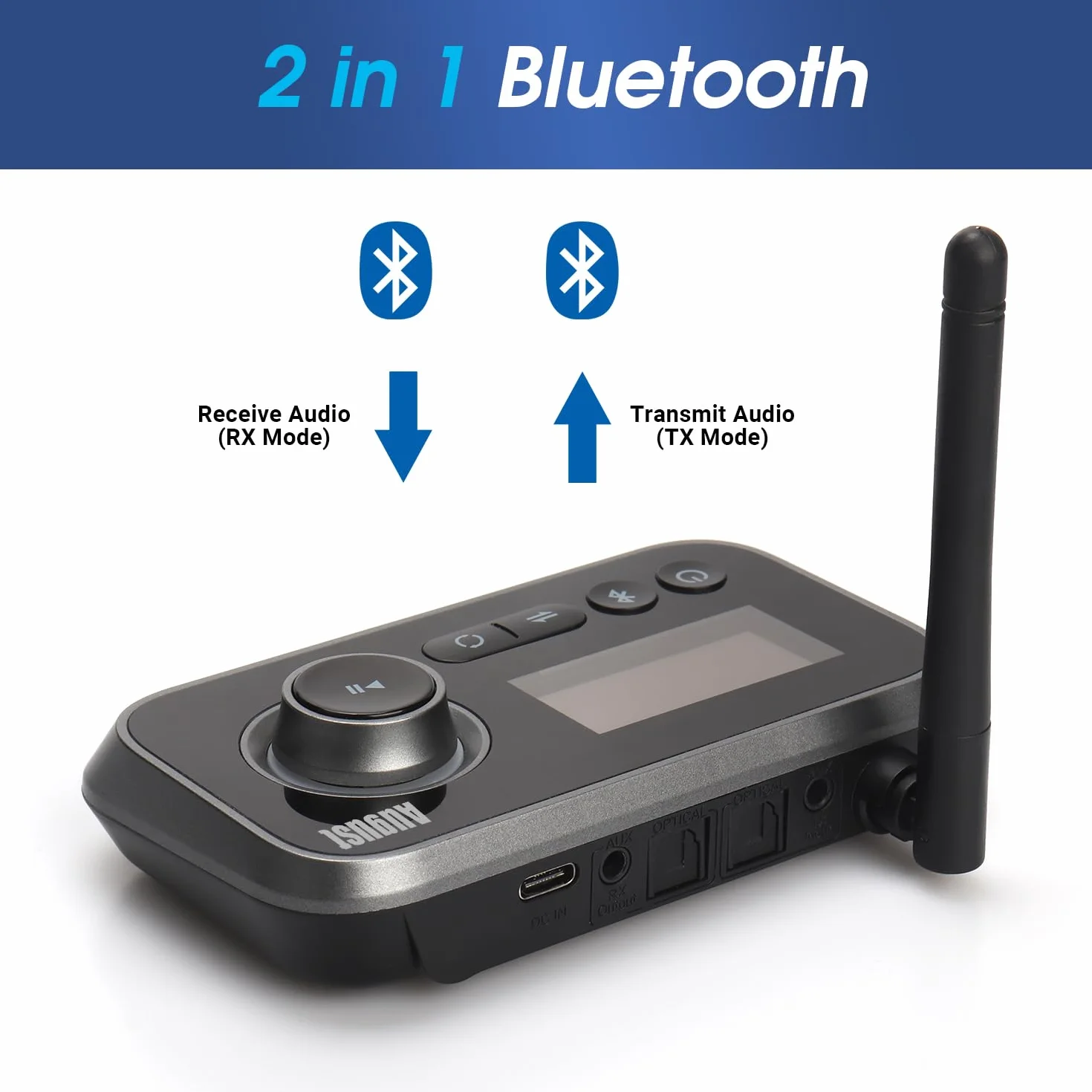 August MR280 Bluetooth 5.0 Audio Sender Empfänger 2 in 1 für TV PC Kopfhörer HiFi Lautsprecher Adapter mit Bypass Low Latency Multipoint Lautstärkeregelung Optical RCA 3.5 Aux USB-C für 2 Geräte