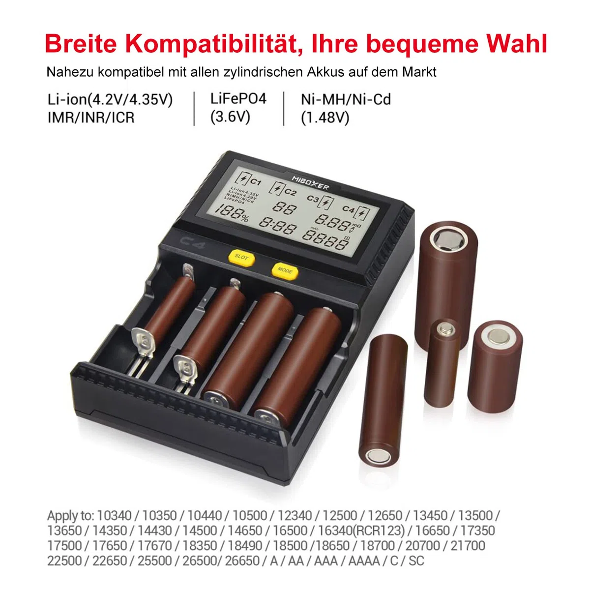 Universal akku Ladegerät, 18650 Baterieaufladegerät mit 4 Schacht, LCD-Display Batterien Ladegerät für Li-Ion LiFePO4 NI-MH NI-Cd AA AAA C 18350 18500 18700 20700 21700 26650 RCR123.