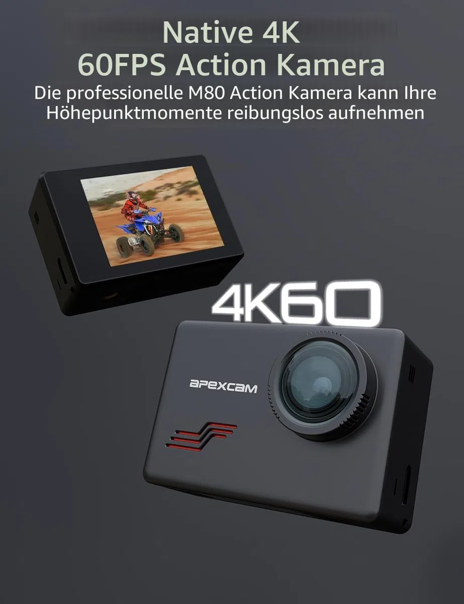 Apexcam M80 Action Cam 4K60FPS 48MP WLAN Sportskamera 40m Wasserdicht 8X Zoom 2.4G Fernbedienung 2x1350mAh Akkus