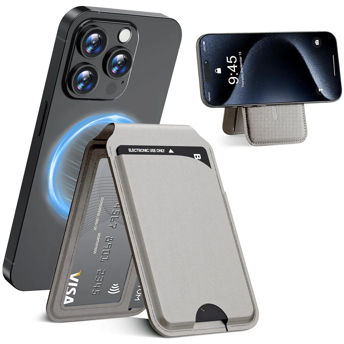 Magnetische Brieftasche für iPhone Handy Kartenhalter mit Verstellbarer Ständer 5 Kartenhalter/ID Fenster/RFID Blocker/PU Leder Wallet, für iPhone 17/16/15/14/13/12 Serie, Not for iPhone 13/12 Mini
