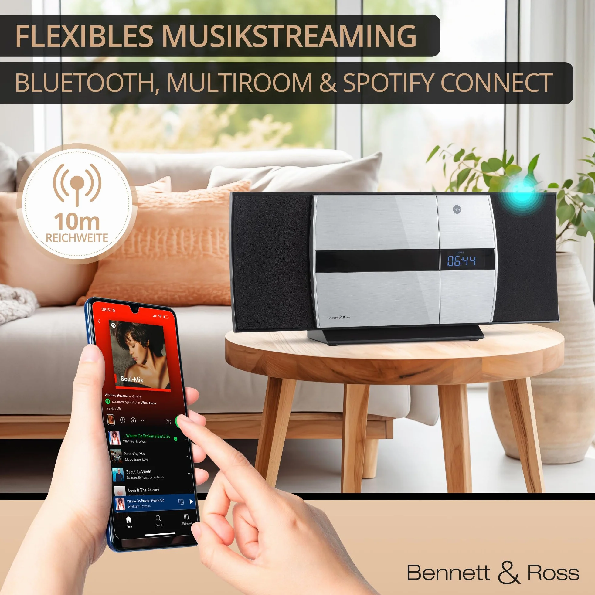 Bennett & Ross Ålesund Vertikal Stereoanlage - HiFi Microanlage mit CD-Player, MP3, UKW-Funktion, USB und Bluetooth mit NFC - Standaufstellung oder Wandmontage - Fernbedienung - Silber