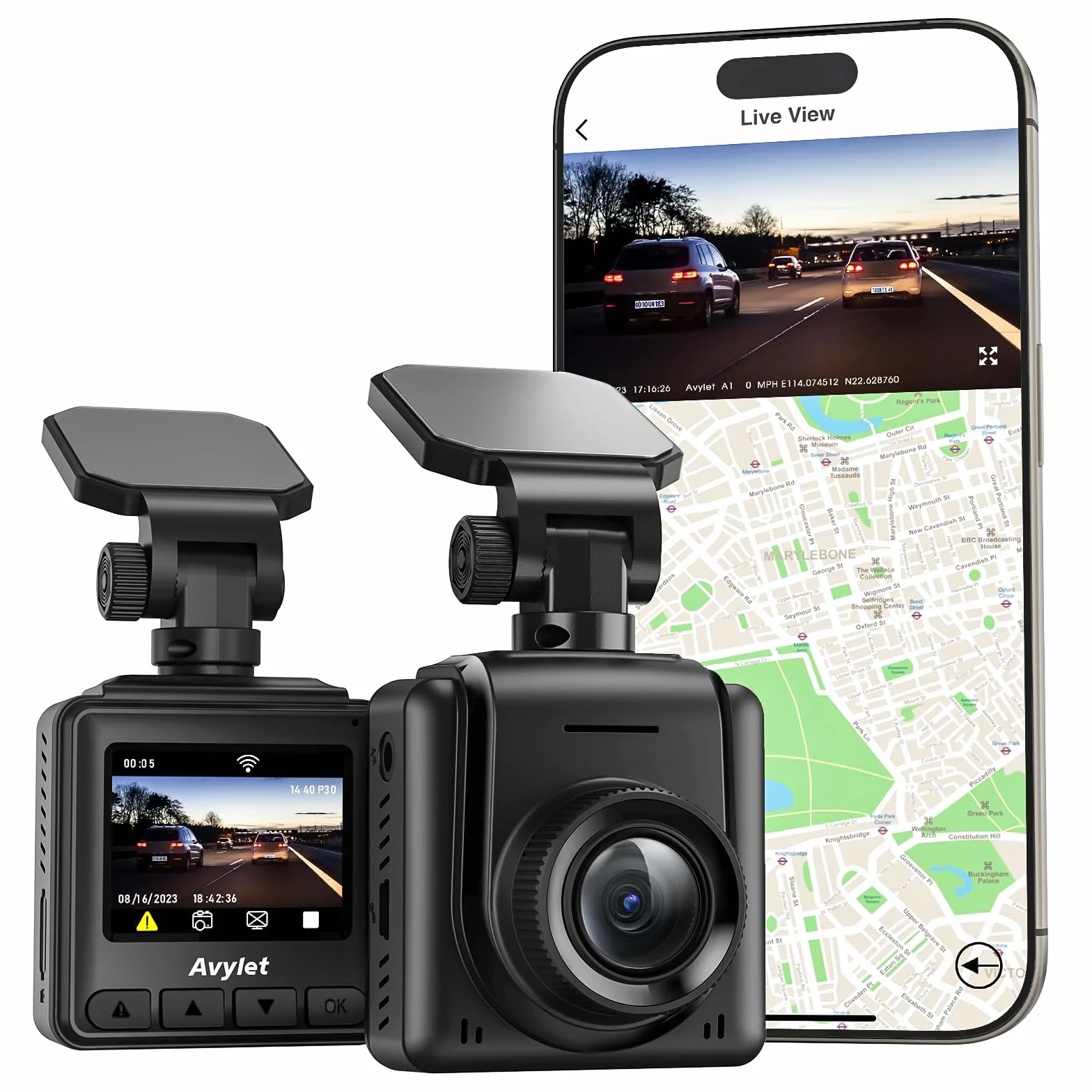 Avylet Dashcam 2K 1440P WiFi Mini Autokamera mit externem GPS 1.5" IPS-Bildschirm APP Super Nachtsicht WDR 24/7 Parküberwachung Loop-Aufnahme G-Sensor