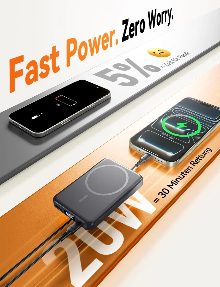 Powerbank für MagSafe, 10000mAh Magnetische Power Bank ohne Kabel, 20W PD Schnellladegerät, Kabelloses Magnetladegerät mit USB-C EIN-/Ausgang, LED-Anzeige für iPhone 17/16/15/14/13/12/Pro/Pro Max
