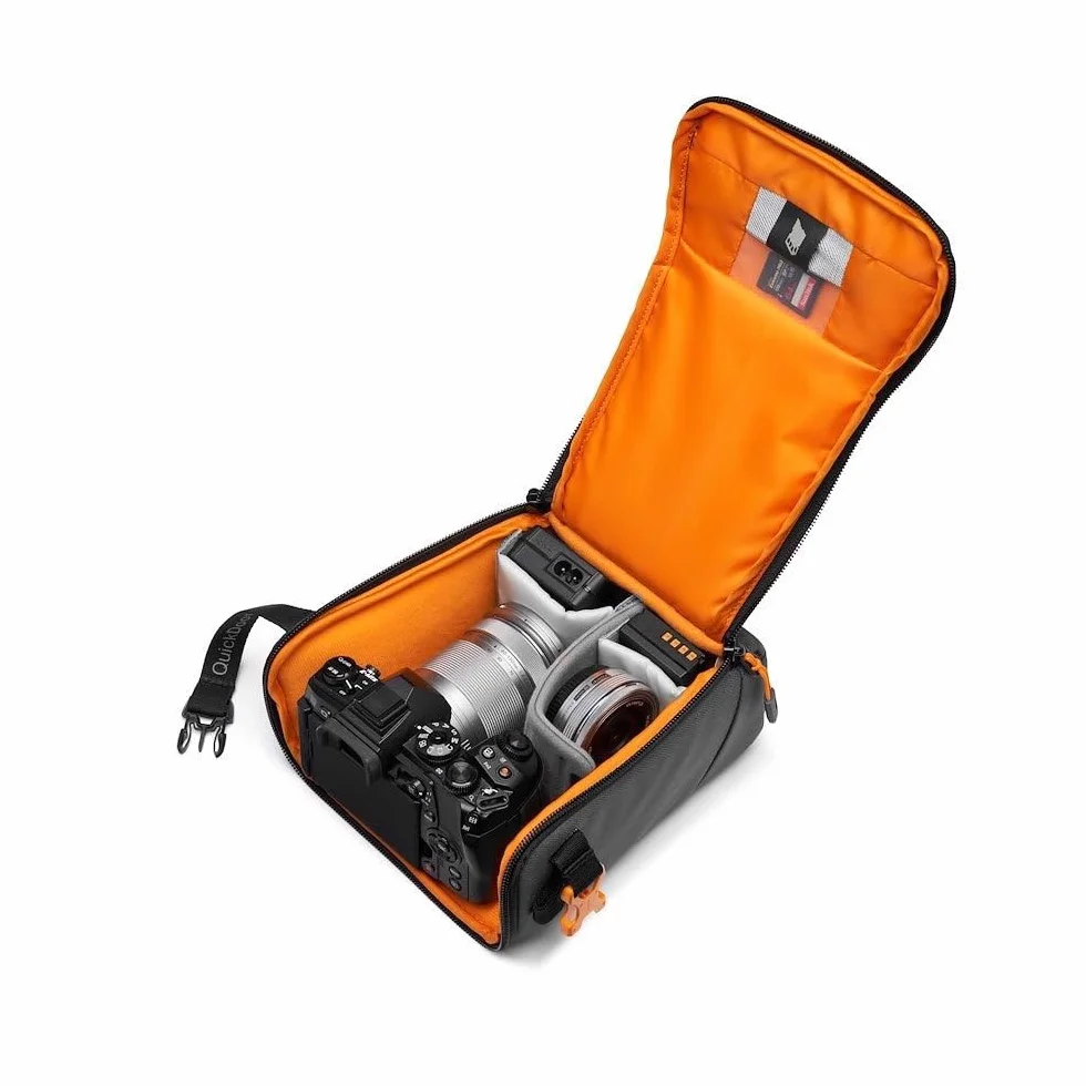 Lowepro GearUp Creator Box Medium II, Spiegellose und DSLR-Kameratasche, Kameratasche mit QuickDoor-Zugang, Hergestellt aus Recyclingmaterial, Orange Gepolsterte Innenfächer, Grau
