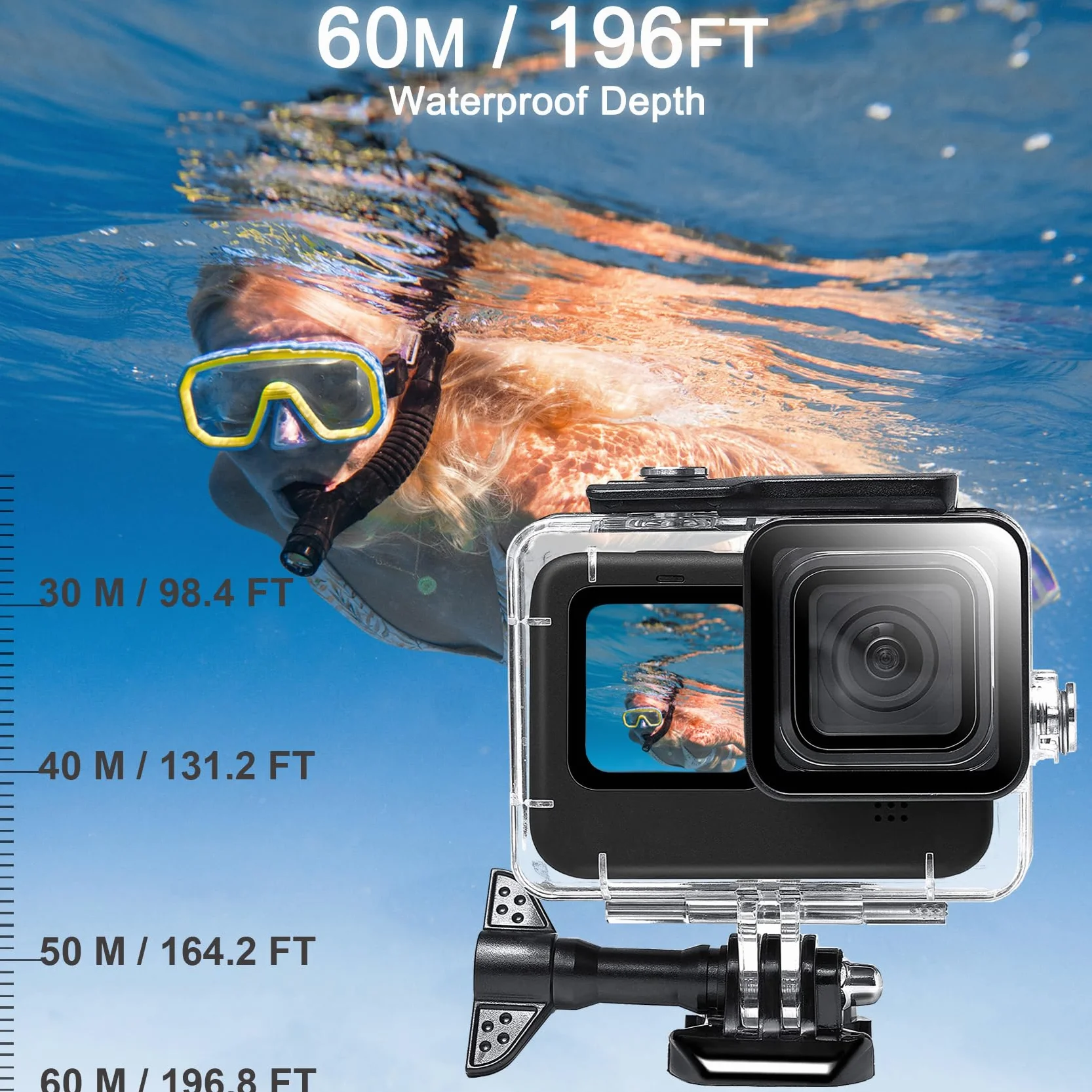 OKFUN Wasserdichtes Gehäuse mit 3 Filtern für Go Pro Hero 13/Hero 12/Hero 11/Hero 10/Hero 9 Schwarz, 60 m/196 Fuß Unterwasser-Tauchgehäuse, Einbeinstativ, schwimmender Griff