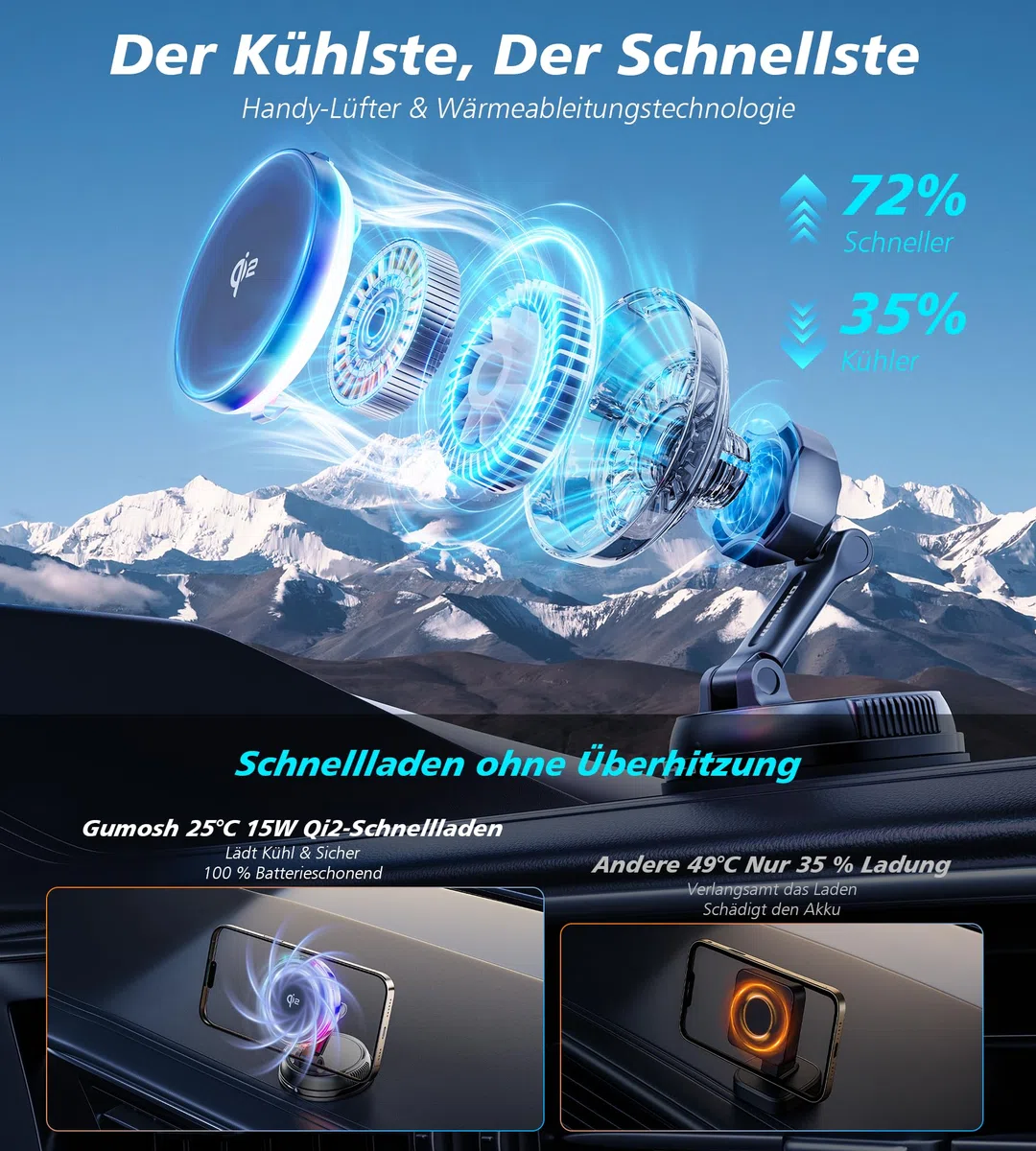 für 15W MagSafe Autohalterung Ladegerät mit Kühlventilator, [Schnellladen Handykühlung RGB Beleuchtung] 78+ lbs Starke Saugkraft Magnet Kabelloses Handyhalterung Auto,für iPhone 17/16/15/14/13/12