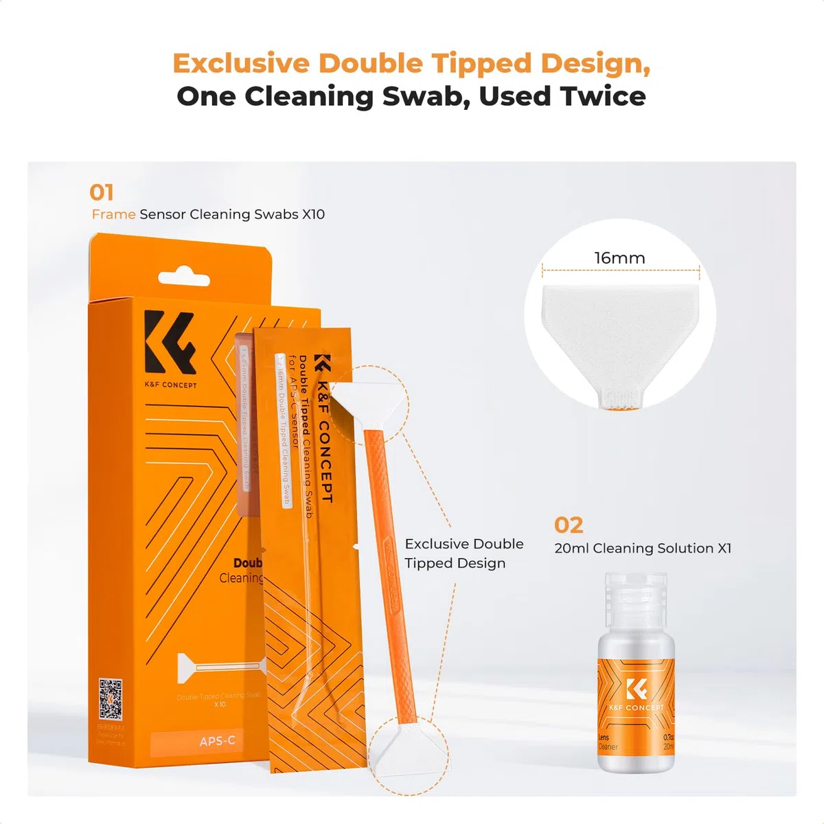 K&F CONCEPT 16mm APS-C Sensor-Reinigungsset, Kit für spiegellose Digitalkameras, Enthält 20ml Reiniger & 10 doppelseitige Swabs für APS-C CMOS & CCD Sensoren, Perfekt für Kameraobjektivreinigung