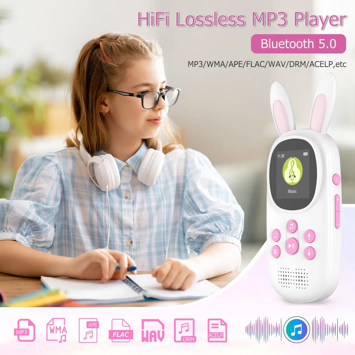 32GB Bluetooth MP3 Player Kinder, Niedlicher Hase Kinder Musik MP3 Player mit Kopfhörer & Lautsprecher, MP3-Player mit Alarm, Aufnahmen, Schrittzähler, Stoppuhr, Unterstützung bis zu 128GB