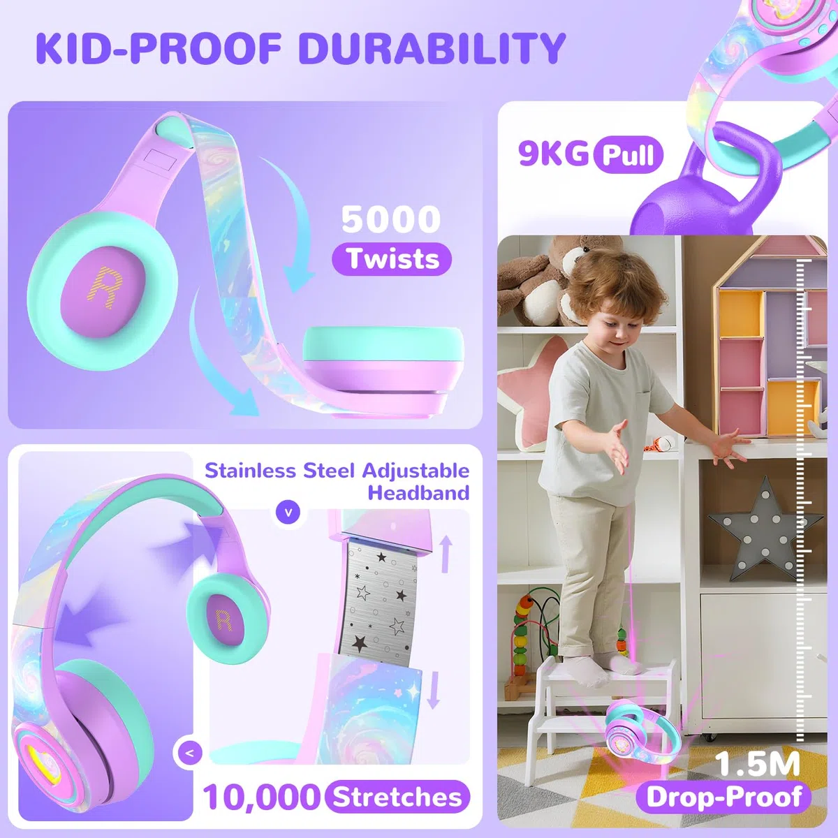 iClever Noise Cancelling Bluetooth Kopfhörer Kinder, LED-Beleuchtung, Bluetooth 6.0, Type-C-Schnellaufladung, 80dBA Sichere Lautstärke, 47 Stunden Spielzeit, Kopfhörer Kinder für Reisen iPad Tablet