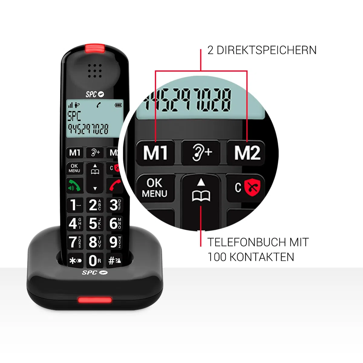 SPC Comfort Kairo - Schnurloses Telefon für Senioren mit großen Tasten, verstärktem Ton, hörgerätekompatibel, Anrufsperre, Lichtsignal und 2 Direktspeichern – Schwarz