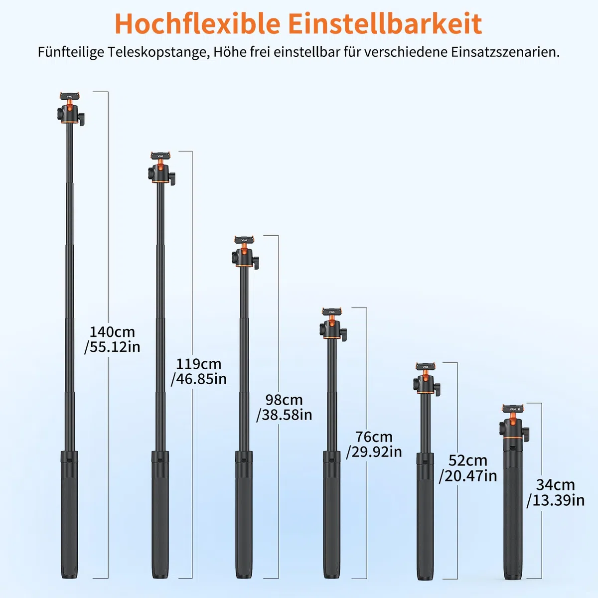 VRIG 140 cm Action Kamera Selfie Stick Stativ für DJI Osmo Nano/Action 6, Zweiwege-Magnetanziehung Schnellwechselhalterung, Ausziehbare Stange, Länge 33 bis 140 Zentimeter, AC-71