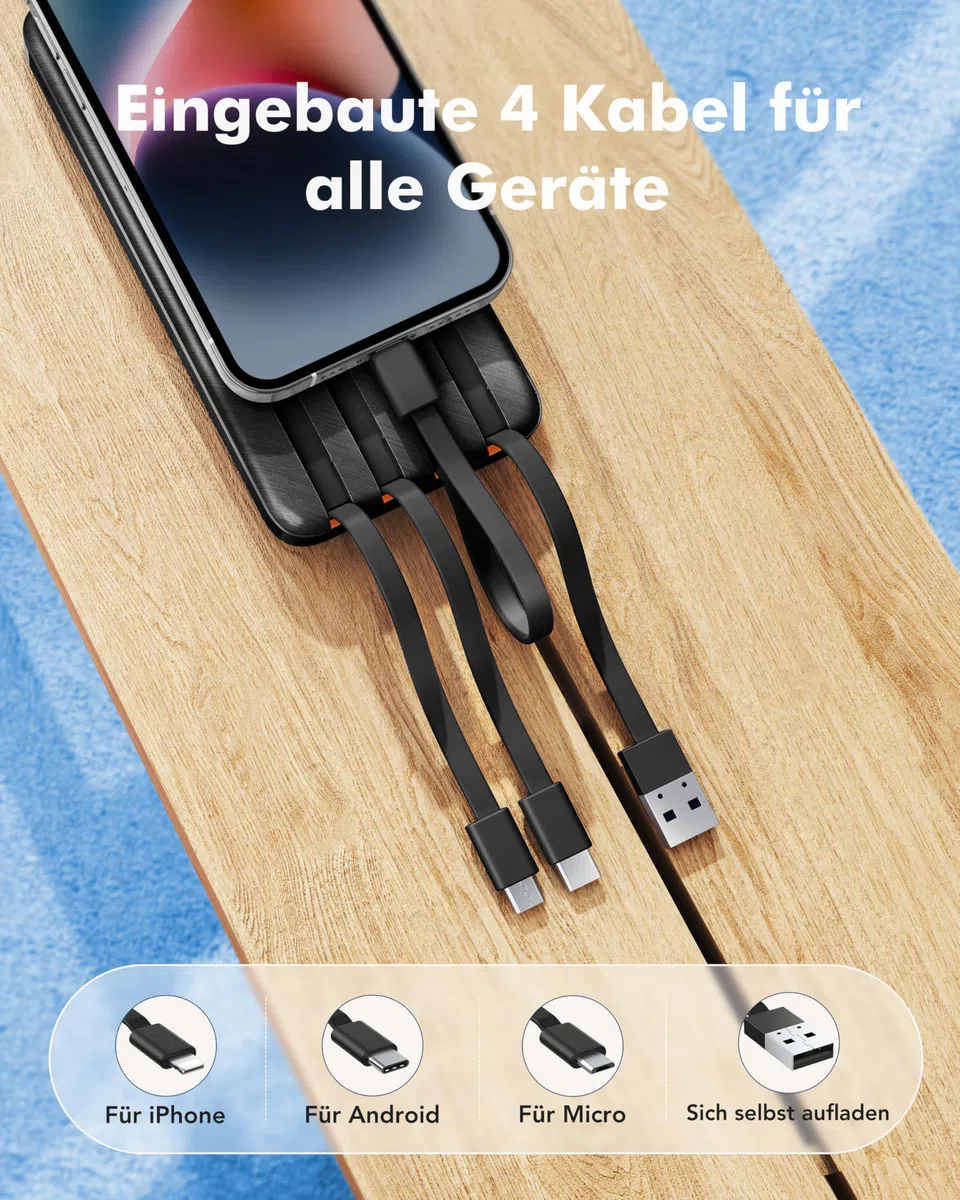 Charmast Power Bank, 22,5W Powerbank 20000mAh mit 4 Kabel und LED-Display, USB C PD3.0 QC4.0 Externe Handyakkus mit 6 Ausgängen Kompatibel mit iPhone 17 16 15 14 13 12 Pro Max Plus Samsung S24 Tablet