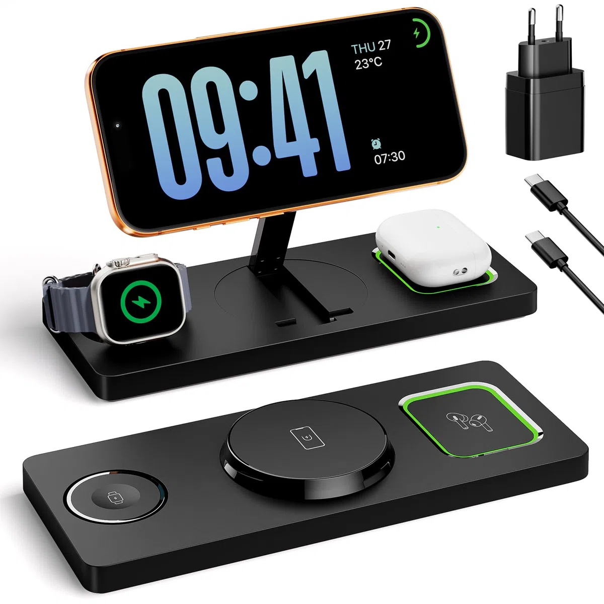3 in 1 MagSafe Ladestation iPhone Apple Watch, Faltbar Induktive Ladestation Kompatibel mit MagSafe Ladegerät für iPhone 17/16/15/14/13/12, Apple Watch & AirPods (inkl. 20W Adapter) - Schwarz