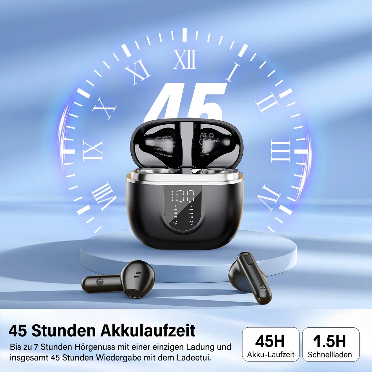 Bluetooth Kopfhörer, Kopfhörer Kabellos Bluetooth 5.4, Hi-Fi Sound in-Ear-Kopfhörer mit ENC Noise Cancelling, 45 Std Spielzeit, LED Anzeige, IP7 Wasserdicht Ohrhörer für Arbeit und Studium, Schwarz