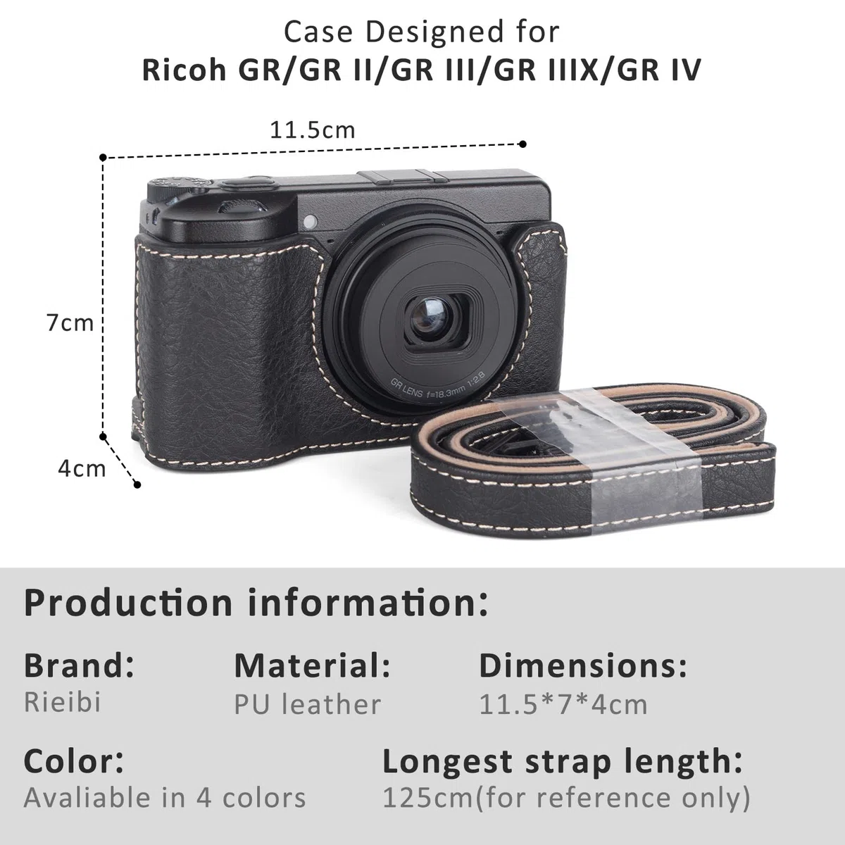 Rieibi Tasche für Ricoh GR III/GR IIIx/GR IV Kamera, abnehmbare PU Leder Schutzhülle für Ricoh GR Serie Kamera mit verstellbarem Schultergurt, Schwarz