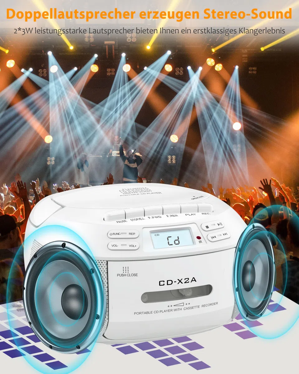 Greadio Tragbarer CD Player, Boombox Kassettenspieler mit Bluetooth, FM Radio mit Fernbedienung, AUX-/USB-Wiedergabe, Kassettenrekorder, AC-Kabel/Batteriebetrieb, LCD-Bildschirm für Kinder (White)