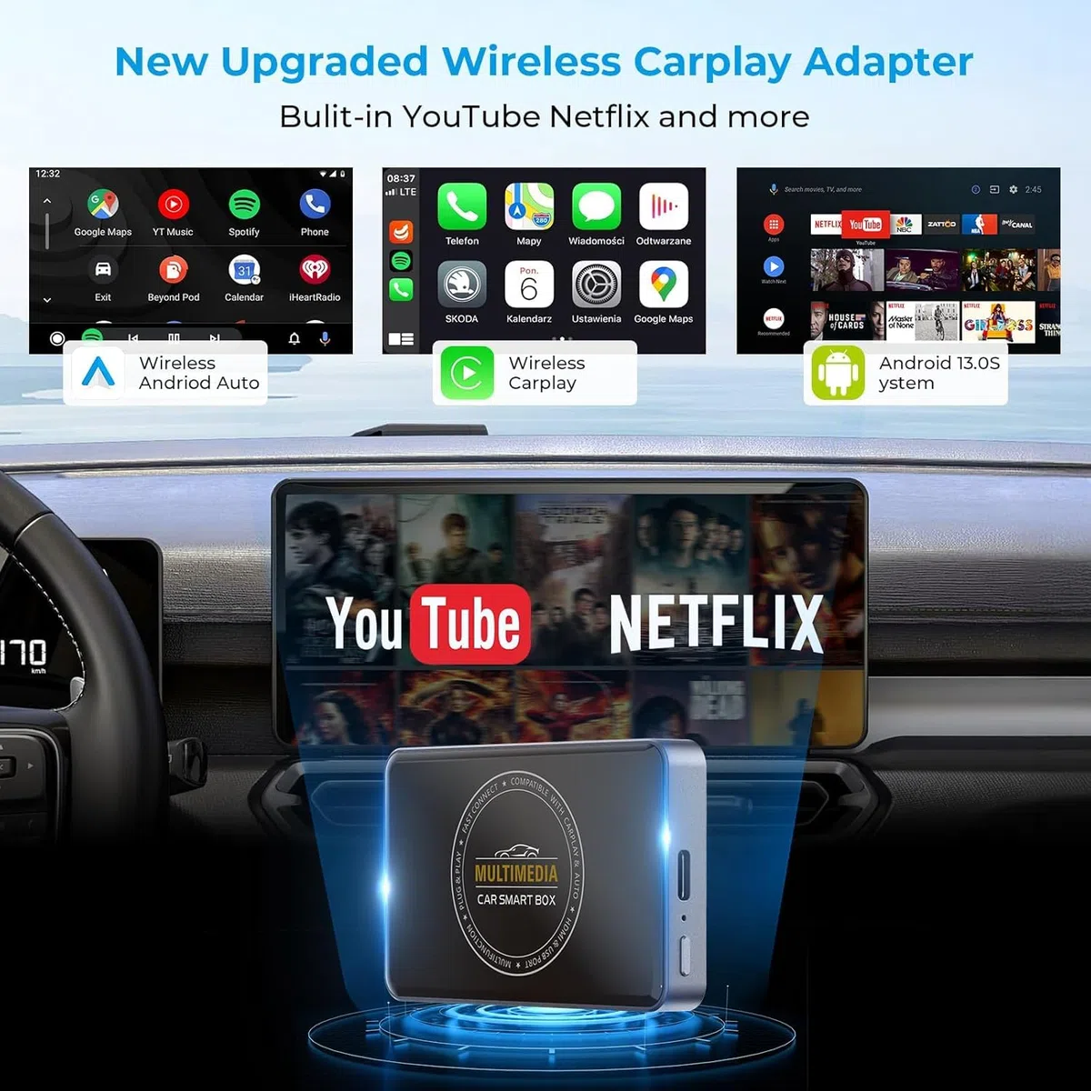 Kabelloser CarPlay Adapter, 3-in-1 AI Box für CarPlay/Android Auto/Video, Plug & Play, integriertes Netflix & YouTube, kompatibel mit werksseitig kabelgebundenem CarPlay & Android Auto