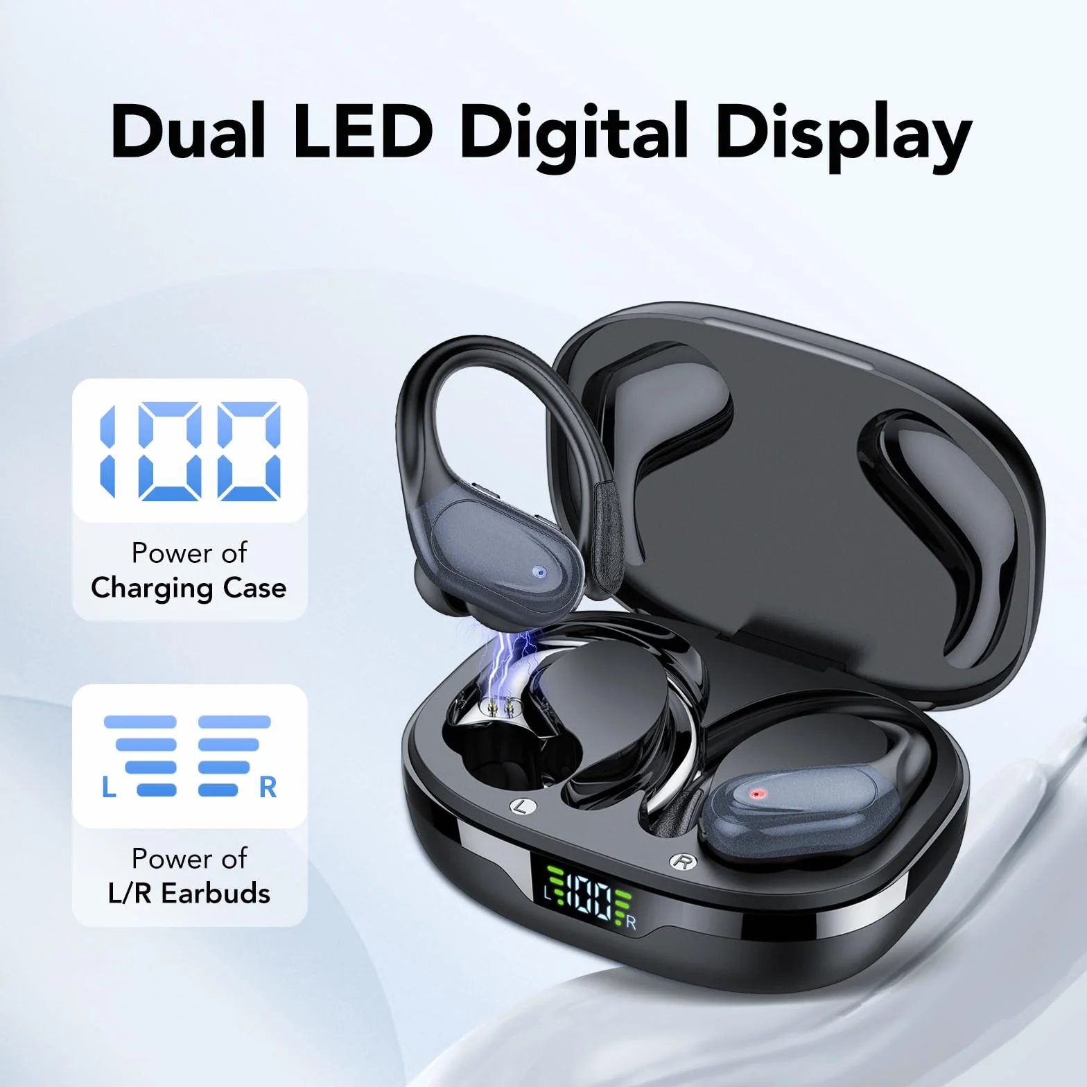 CASCHO Bluetooth Kopfhörer Sport, Kopfhörer Kabellos Bluetooth 5.3, 60 Std Kabellose Kopfhörer mit Tiefer Bass, In Ear Kopfhörer mit 4 ENC Klarer Mic, IPX7 wasserdichte Ohrhörer mit Ohrhaken Schwarz