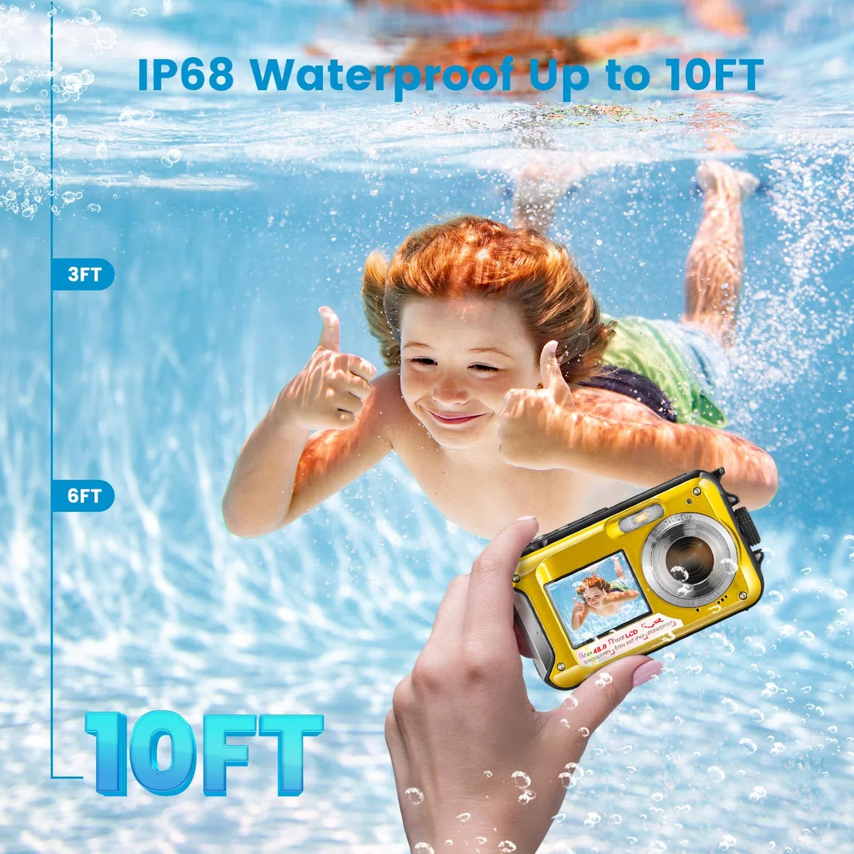 Unterwasserkamera Full HD 2.7K 48MP Autofokus Digitalkamera 10FT Dual-Screen Wasserdichte Selbstfotocamera Anti-Shake 16x Digital Zoom für Schnorcheln und Schwimmen