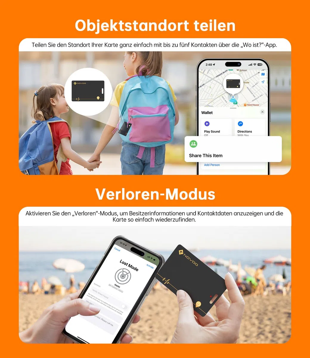 NOVOO Wiederaufladbarer Tracker 2er Pack Air Tag Karte Slim kompatibel mit Apple Find My (nur iOS),Bluetooth SmartTag Item Finder, IP68 wasserdicht,Dünne Geldbörsenfinder für Reisekoffer/Geldbeutel