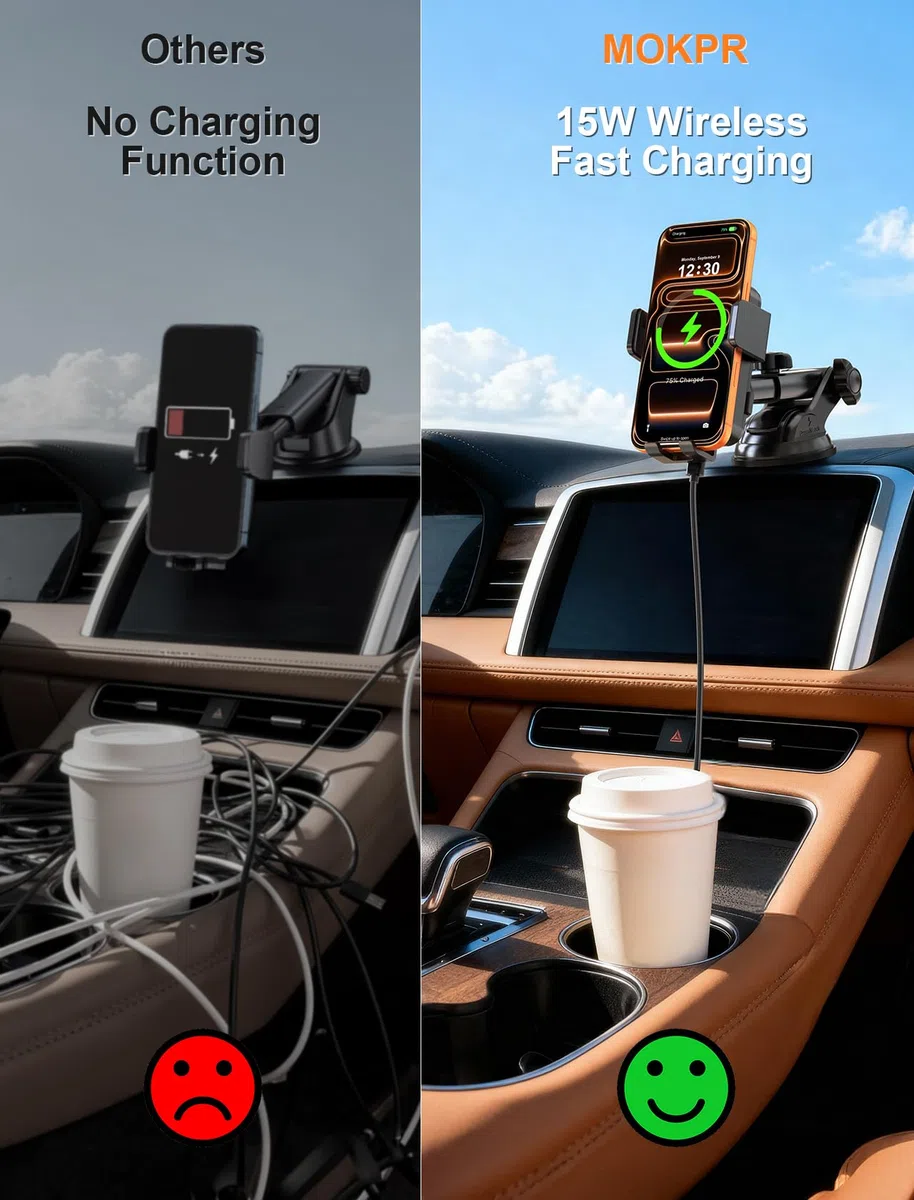 MOKPR Handyhalterung Auto mit Ladefunktion, 15W Induktive Ladestation Auto Entlüftung Armaturenbrett Windschutzscheibe für iPhone 16/15/14/13/12 Serie&Samsung S24/23/22 LG mit LED-Licht (Schwarz)