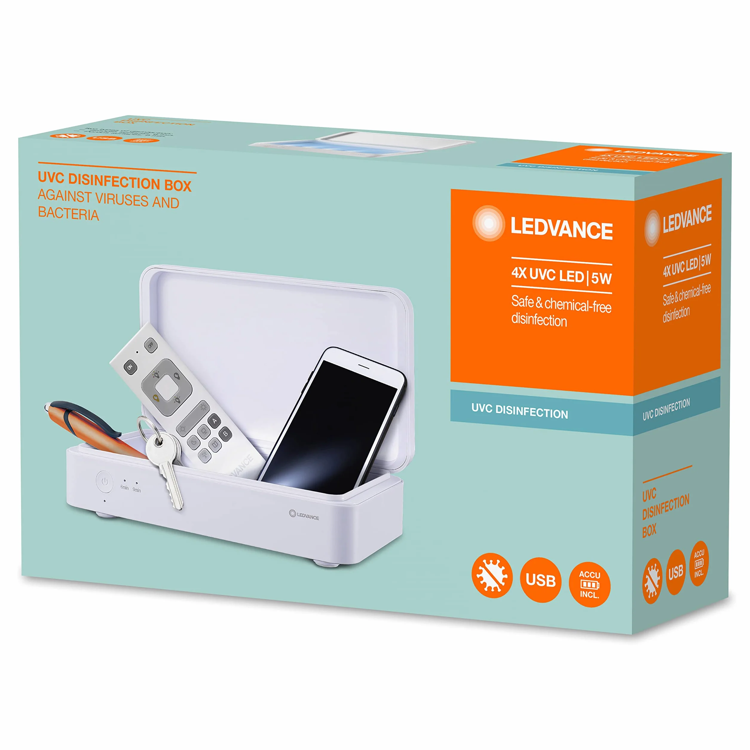 LEDVANCE UVC Sterilization Box, volle UV-C Power zur Bekämpfung von Viren und Bakterien, Mobile Sterilisationseinheit zur Desinfektion von Dingen des täglichen Gebrauchs, 21,9 x 12,6 x 6,3 cm